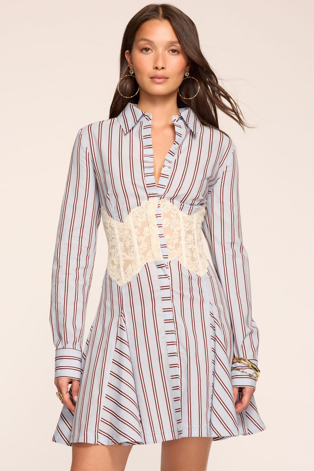 Wren Embellished Button Down Mini Dress in blue stripe