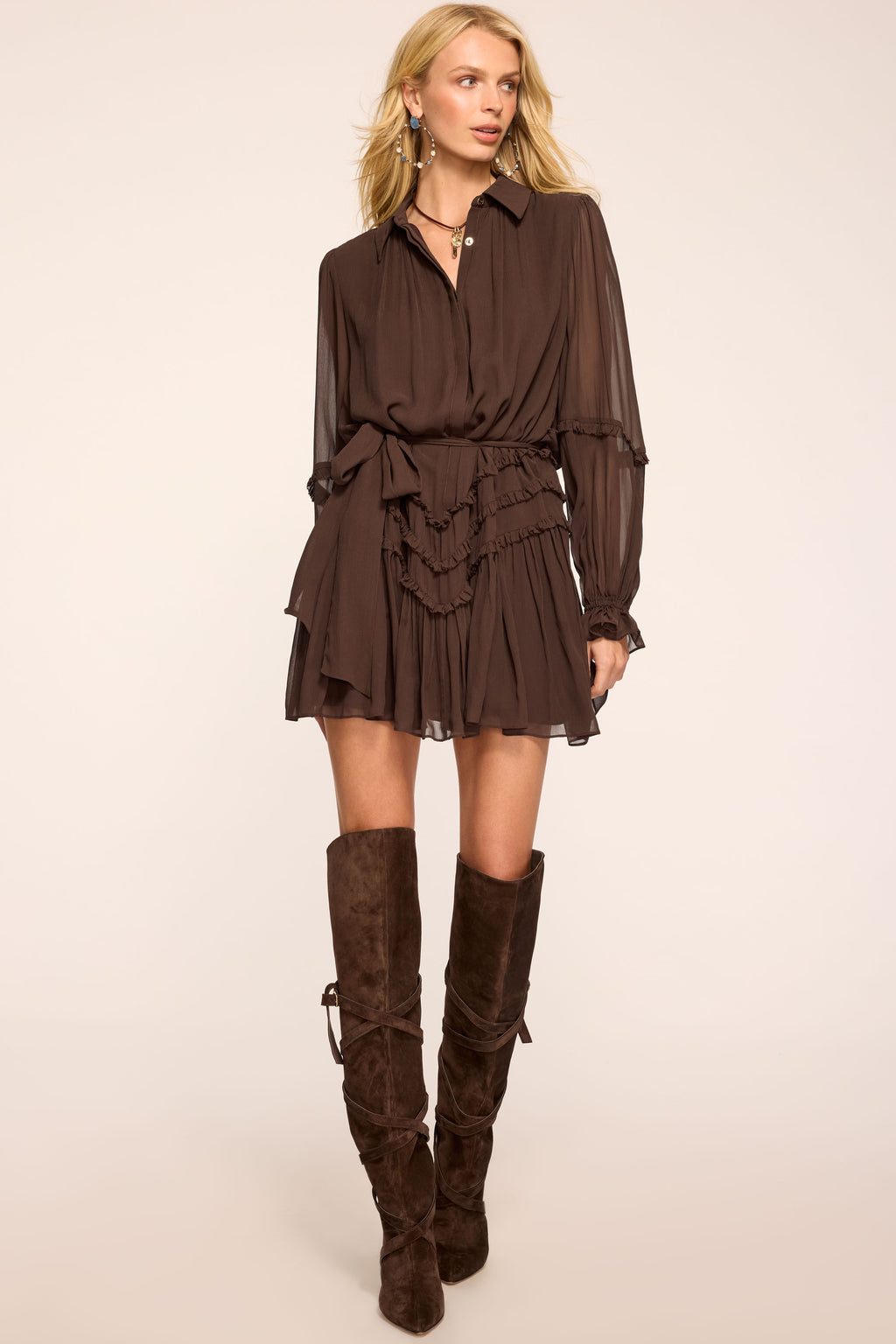 Maya Silk Ruffled Long Sleeve Dress in heritage brown