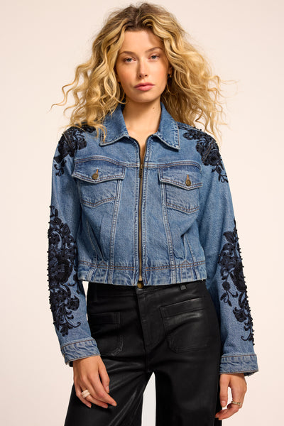 Jannah Beaded Denim Jacket in mid cerulean | Ramy Brook