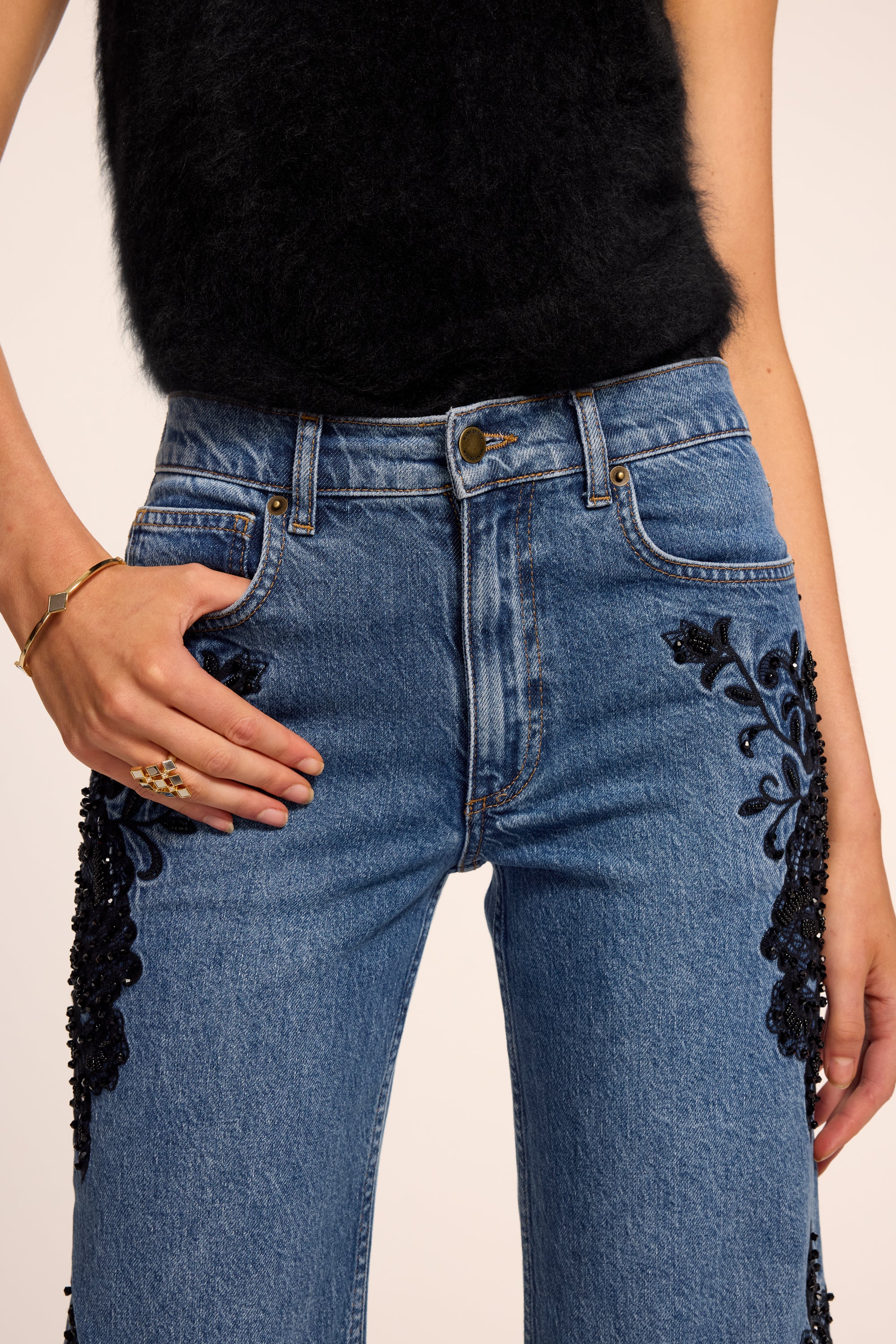 Lea Beaded Cropped Jean in mid cerulean | Ramy Brook