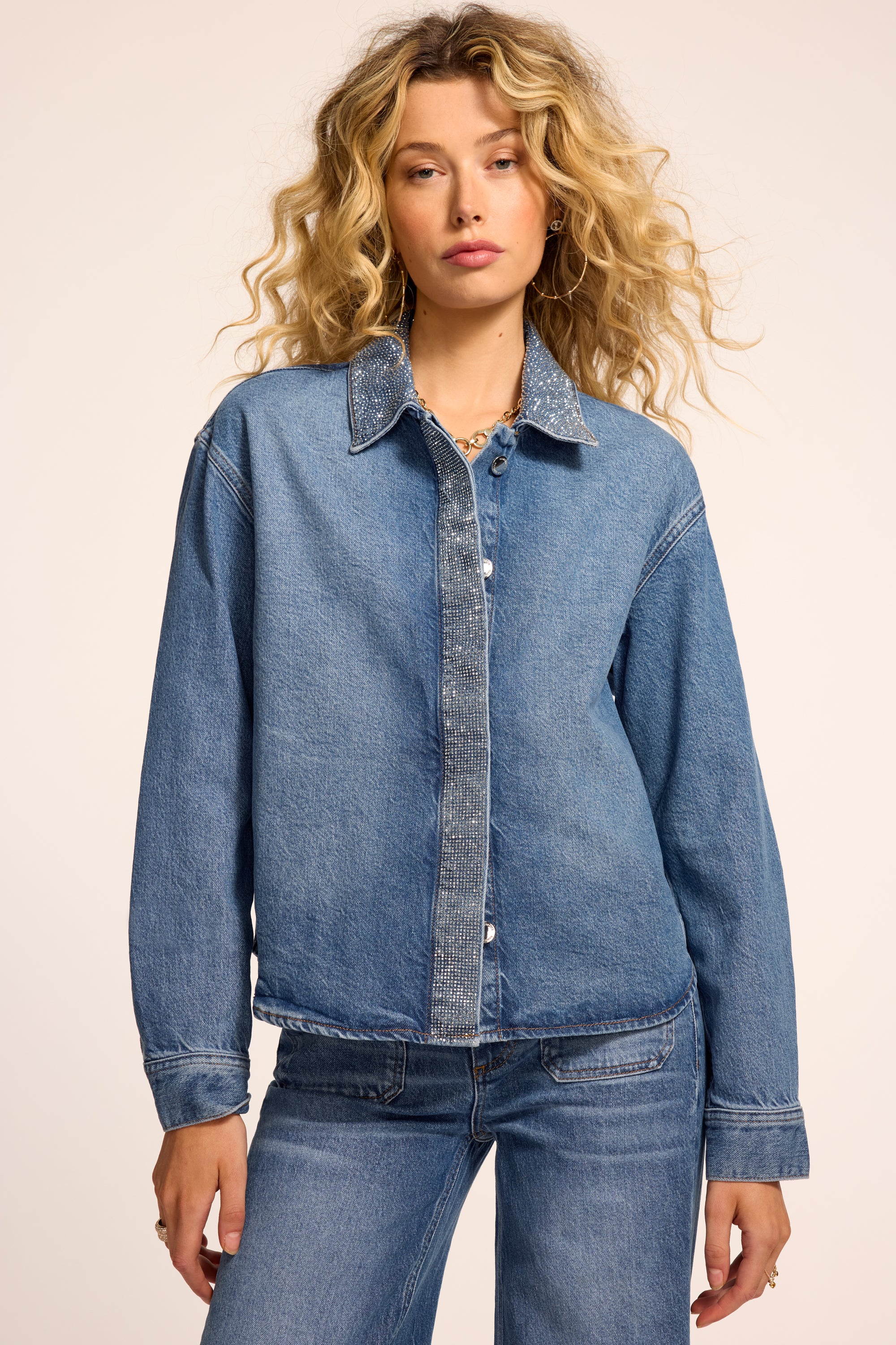 Alison Embellished Denim Button Down Top in rhinestone cerulean