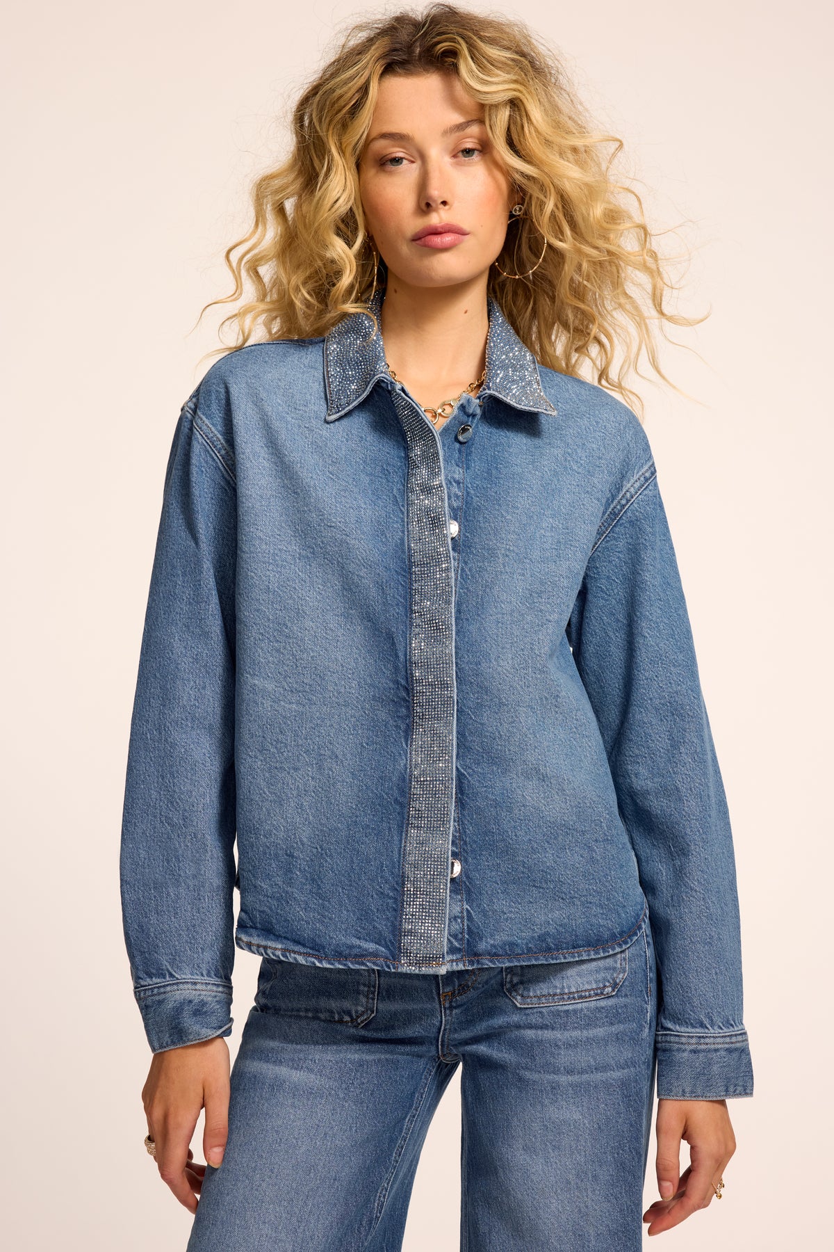 Alison Embellished Denim Button Down Top view 1
