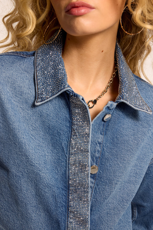 Alison Embellished Denim Button Down Top view 4