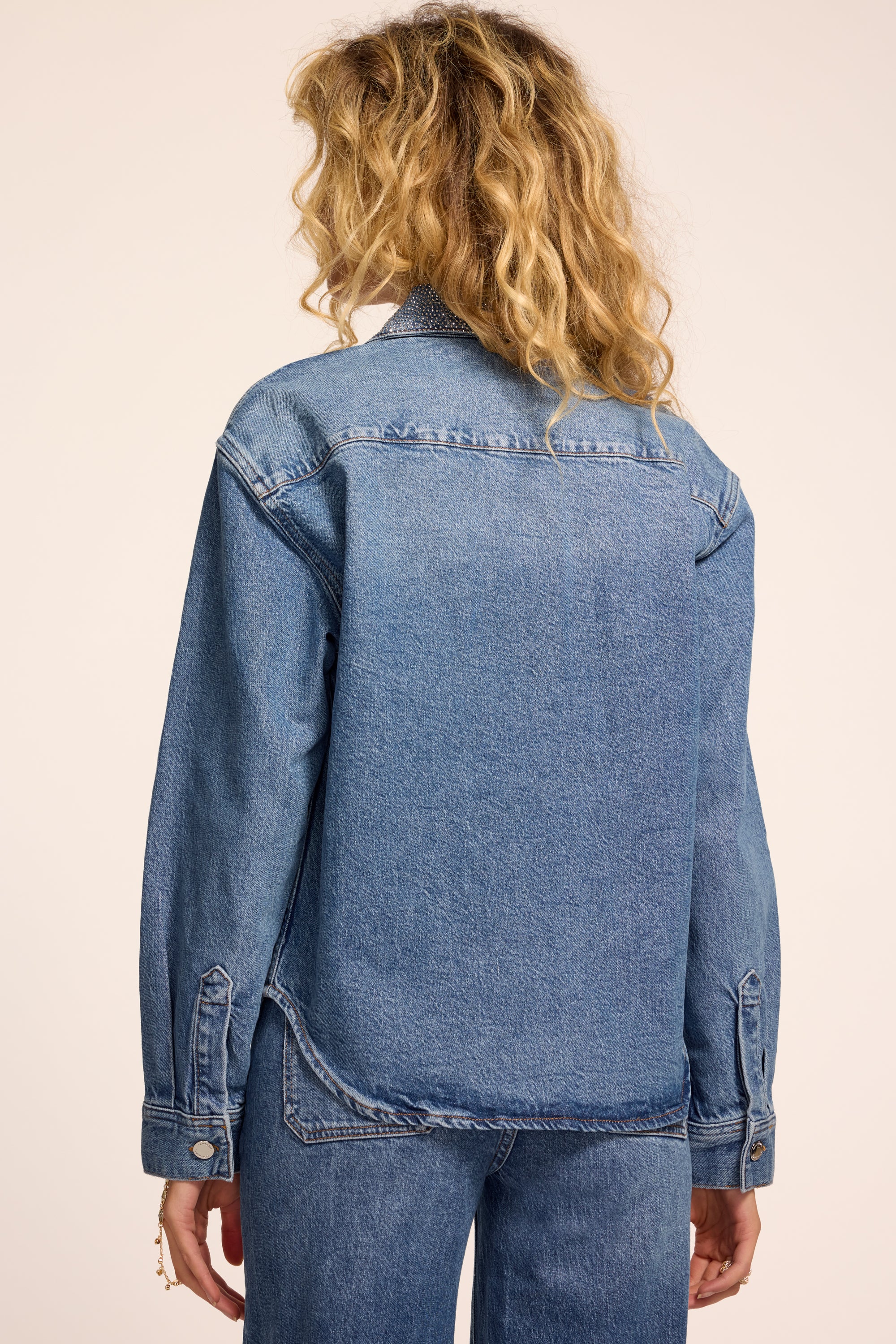 Alison Embellished Denim Button Down Top in rhinestone cerulean
