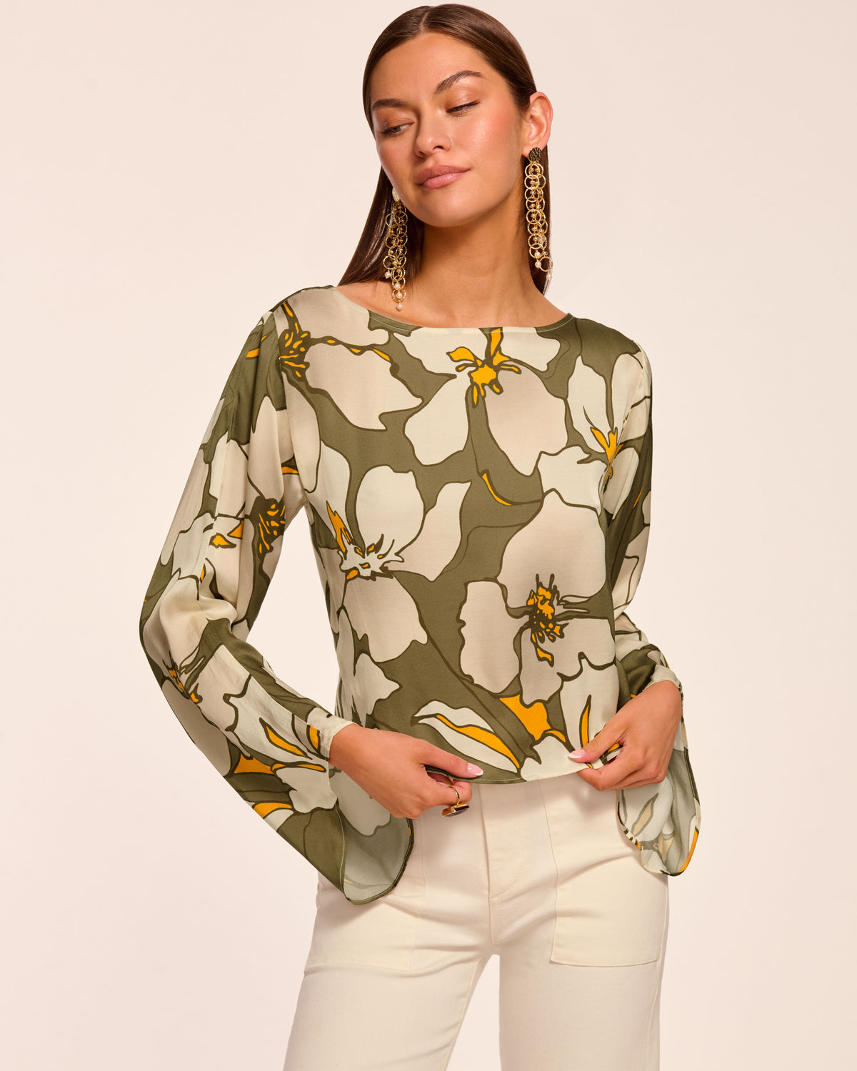 Amanda Boat Neck Long Sleeve Top in safari floral | Ramy Brook