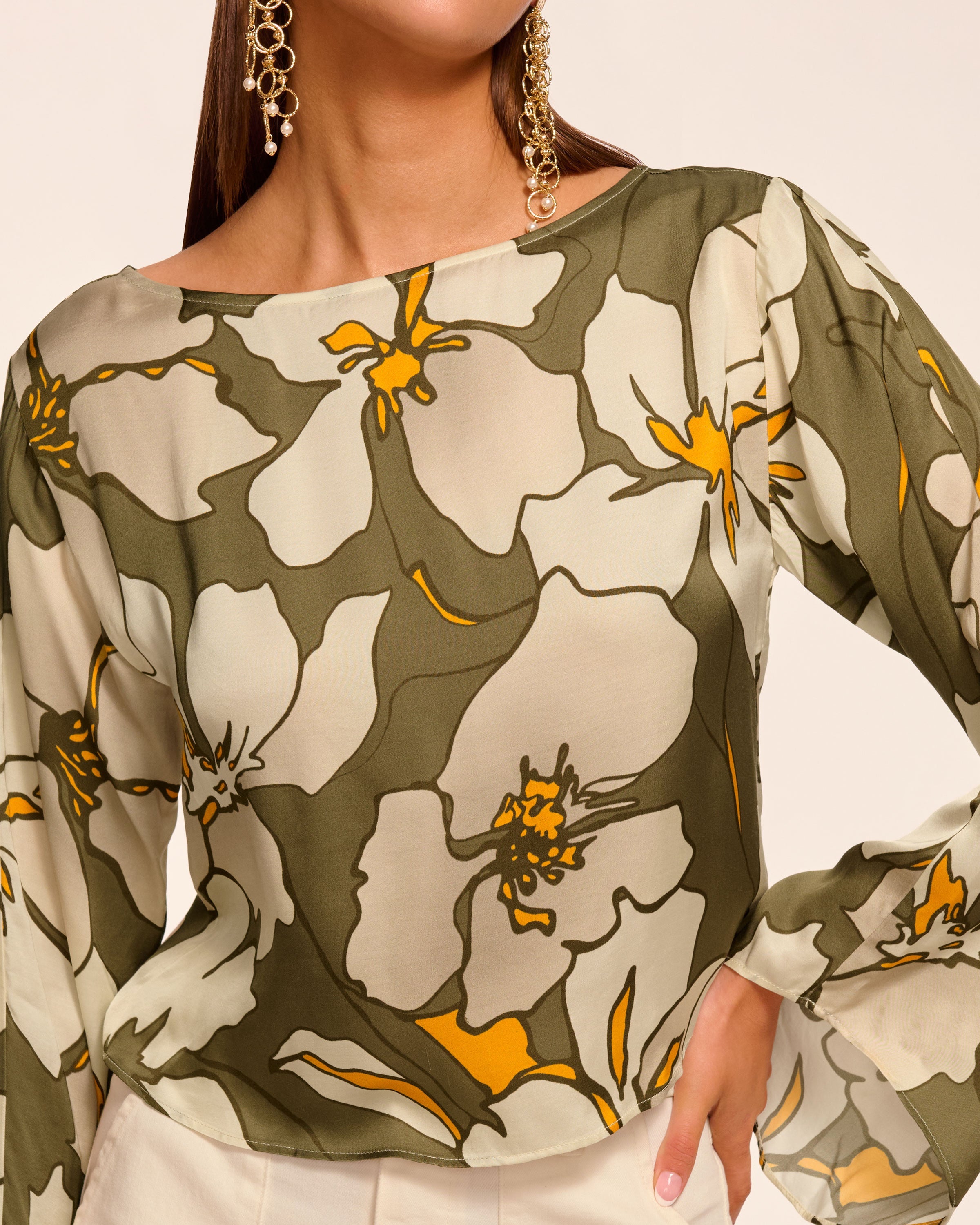 Amanda Boat Neck Long Sleeve Top in safari floral | Ramy Brook