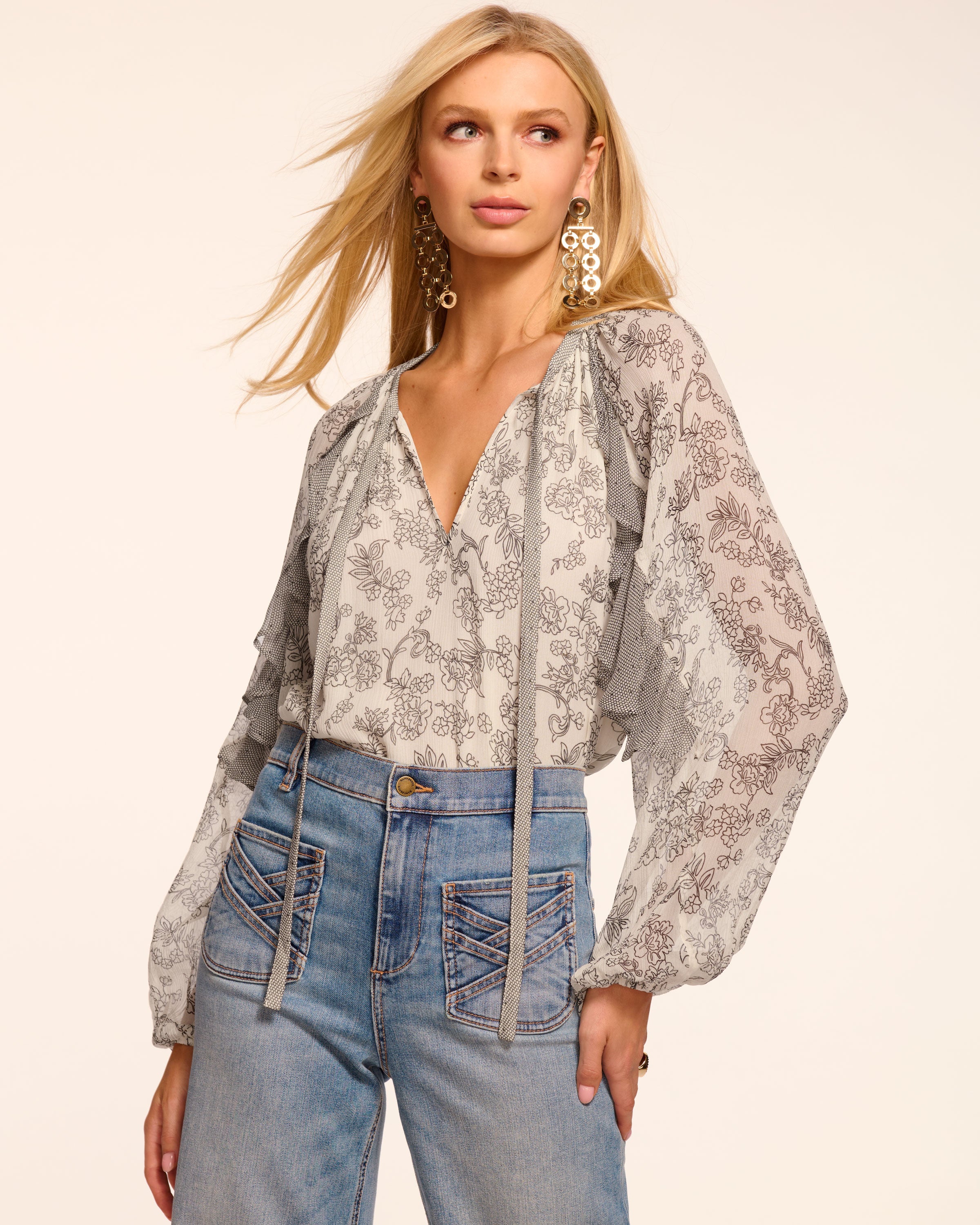 Emily Printed Silk Long Sleeve Blouse in bone floral | Ramy Brook