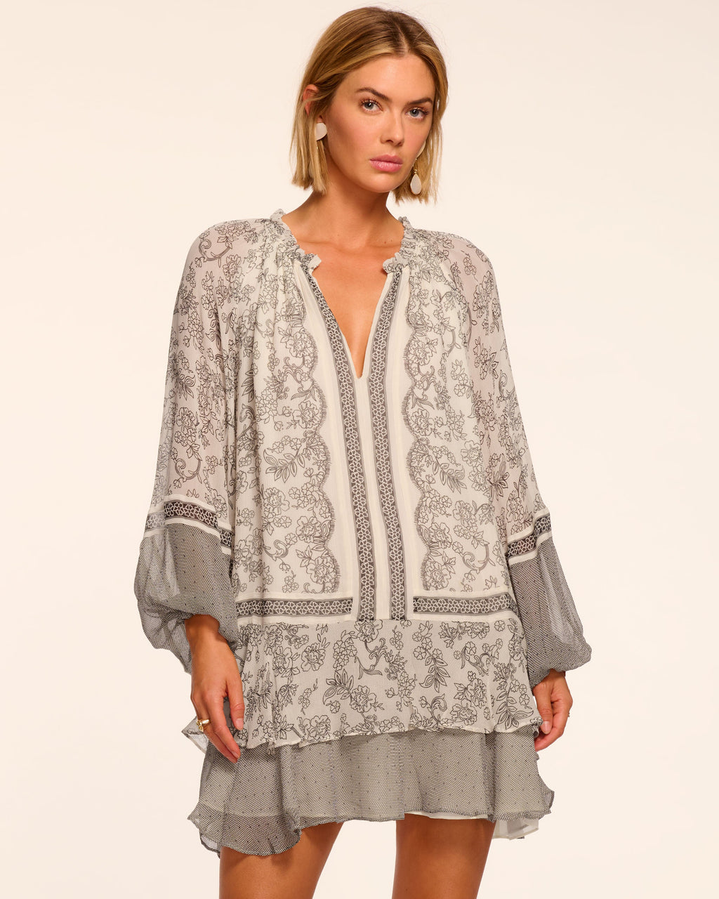 Josefine Printed Silk Long Sleeve Mini Dress in bone floral | Ramy Brook Josefine Printed Silk Long Sleeve Mini Dress in bone floral | Ramy Brook