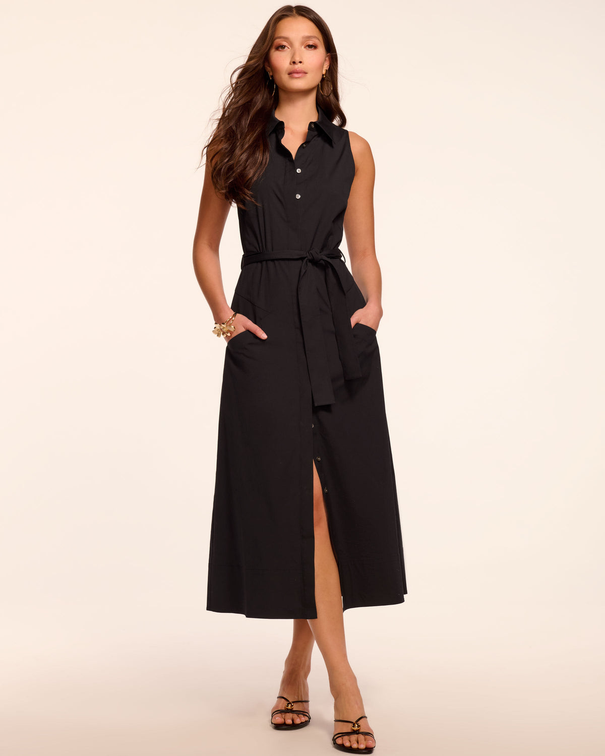 Darcey Cotton Poplin Sleeveless Midi Dress in black | Ramy Brook