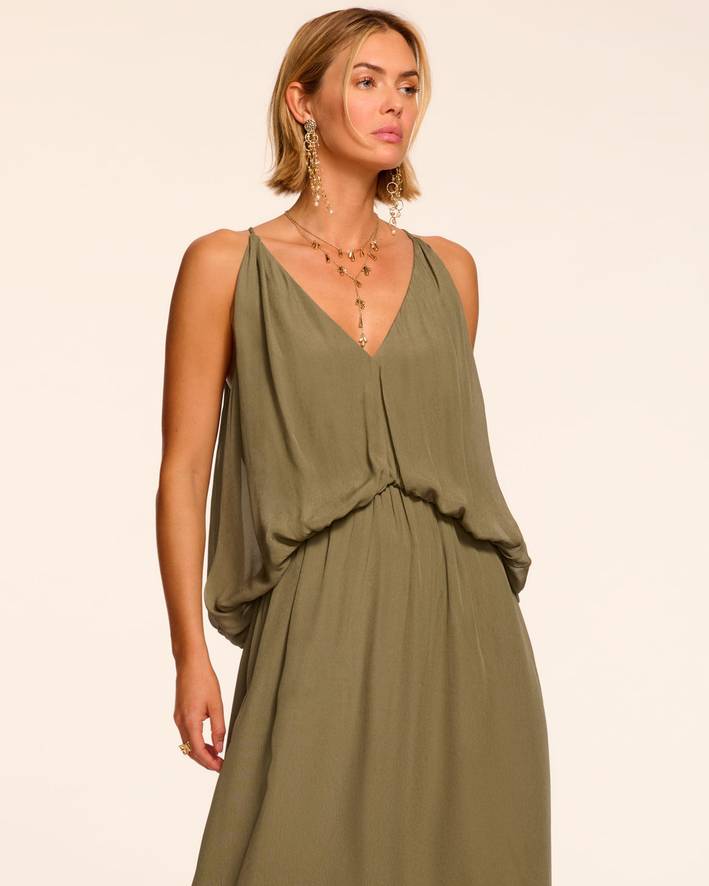 Ramy Brook Ambar Draped V-neck Maxi Dress in Safari