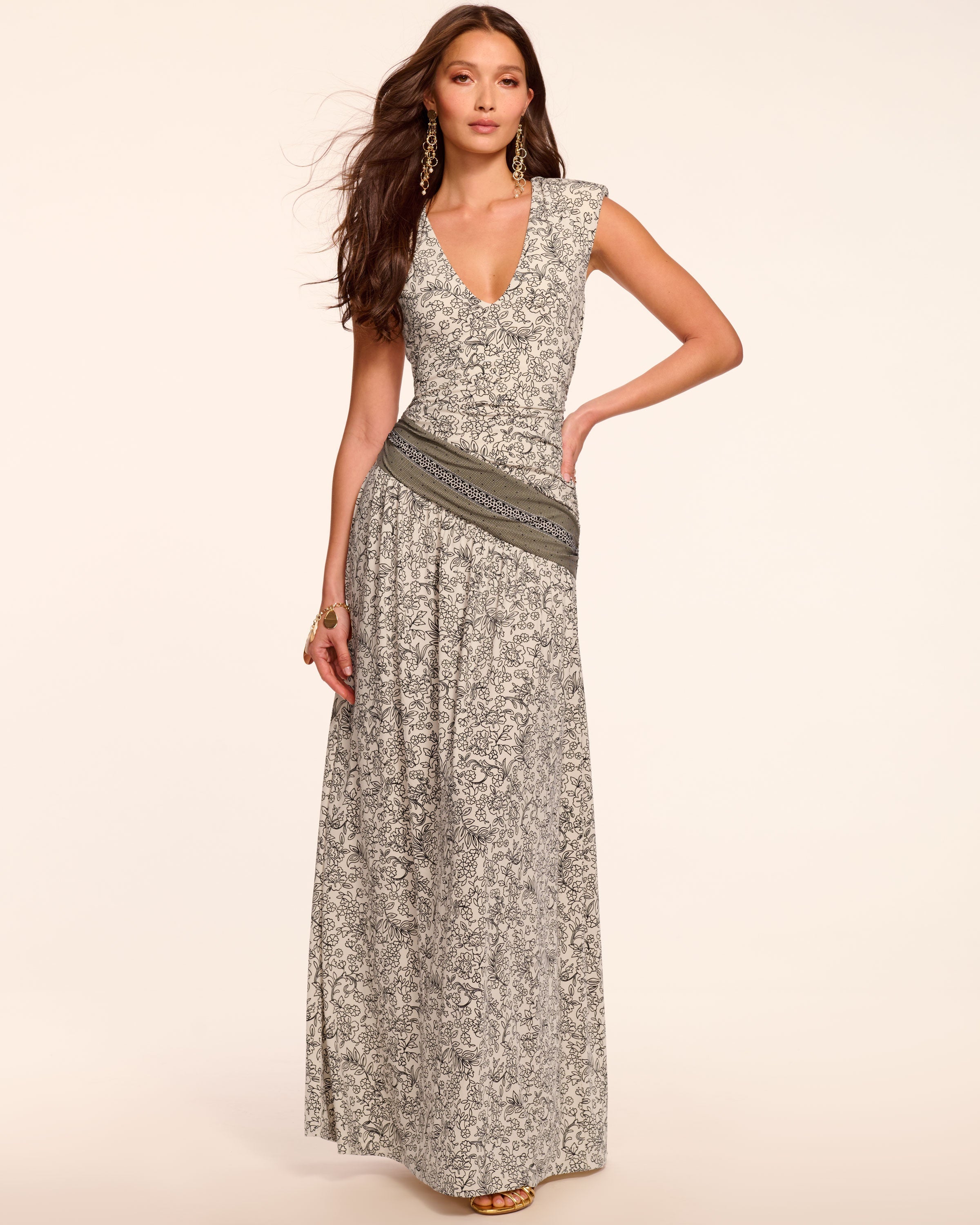 floral v neck maxi dress Ramy Brook Jamie Jersey Ruched V-neck Maxi Dress in Bone Floral