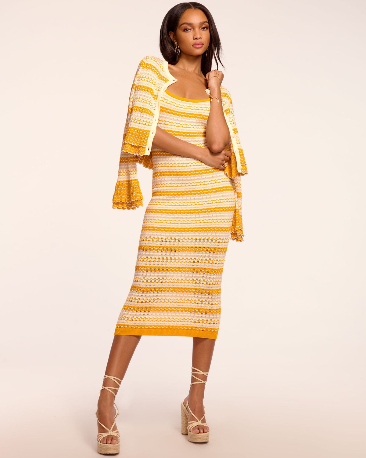 ramy brook knit dress Kit Sleeveless Midi - MARIGOLD STRIPE a floral crochet knit Color:Pink Floral Combo Women's Elegant Fashion Summer Department: W