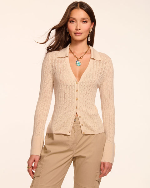 Cathy Pointelle Silk Cashmere Cardigan Sweater in sandstone | Ramy