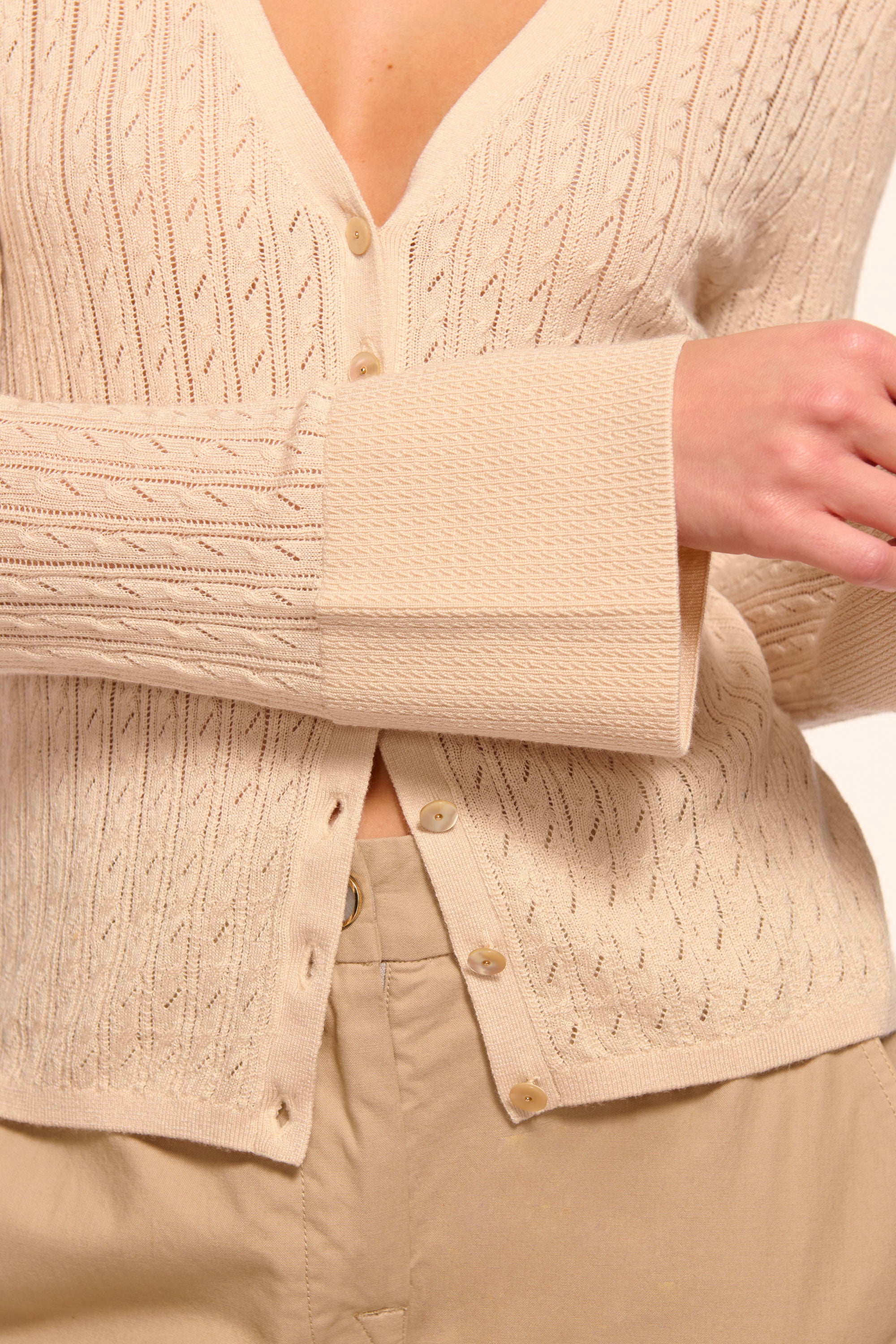 Cathy Pointelle Silk Cashmere Cardigan Sweater in sandstone | Ramy
