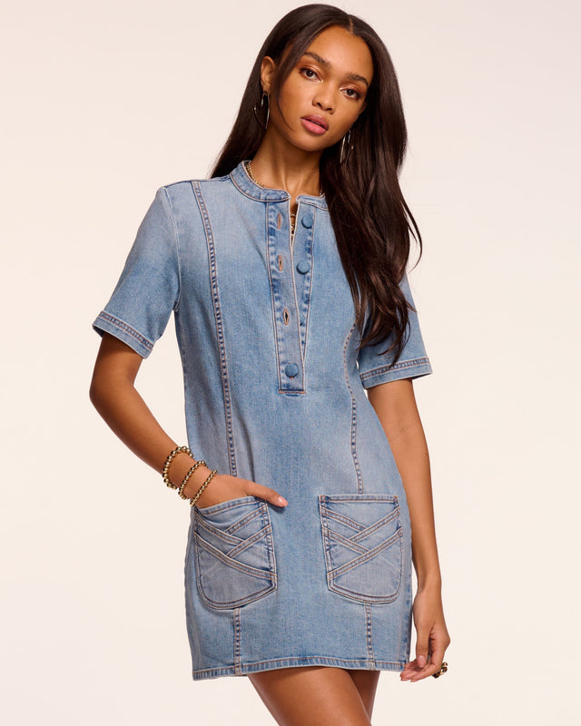 Ramy Brook Skylar Short Sleeve Braided Denim Dress in Light Wash