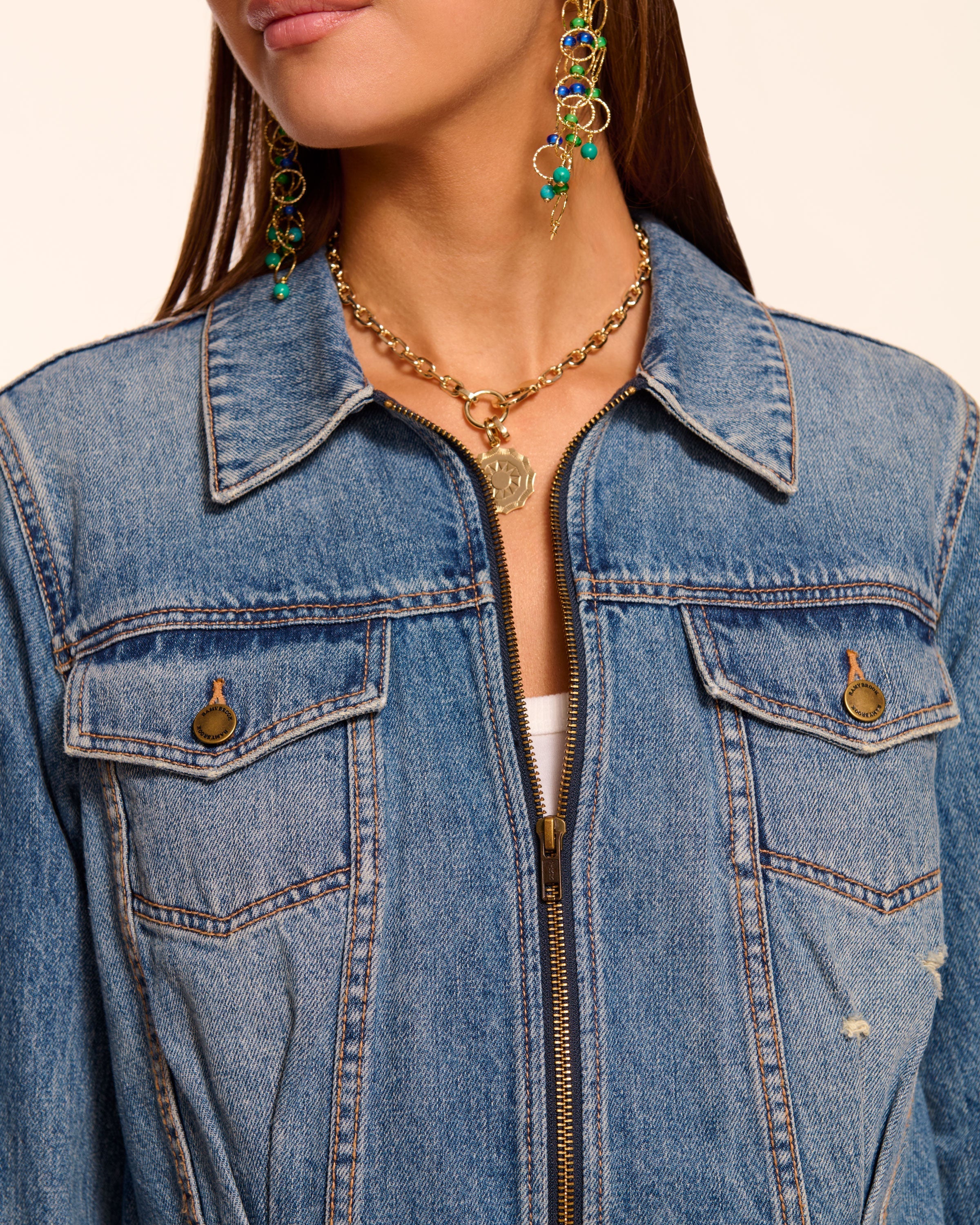 Jannah Distressed Denim Jacket in vintage wash | Ramy Brook