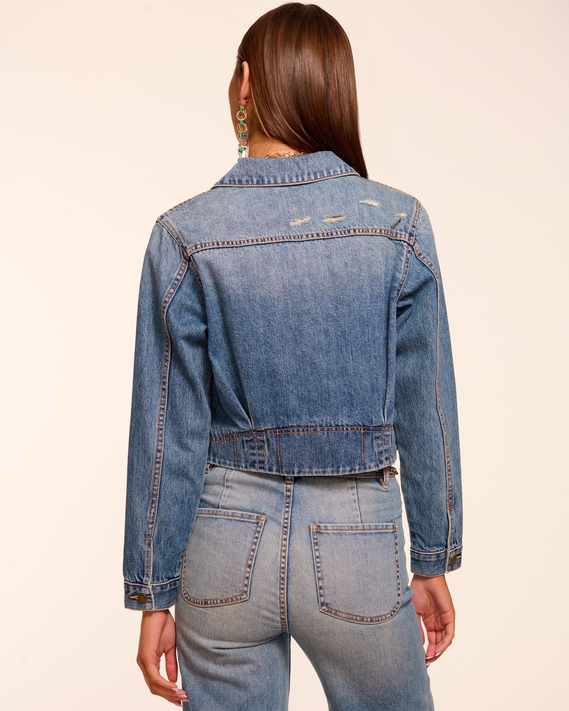 Jannah Distressed Denim Jacket in vintage wash | Ramy Brook