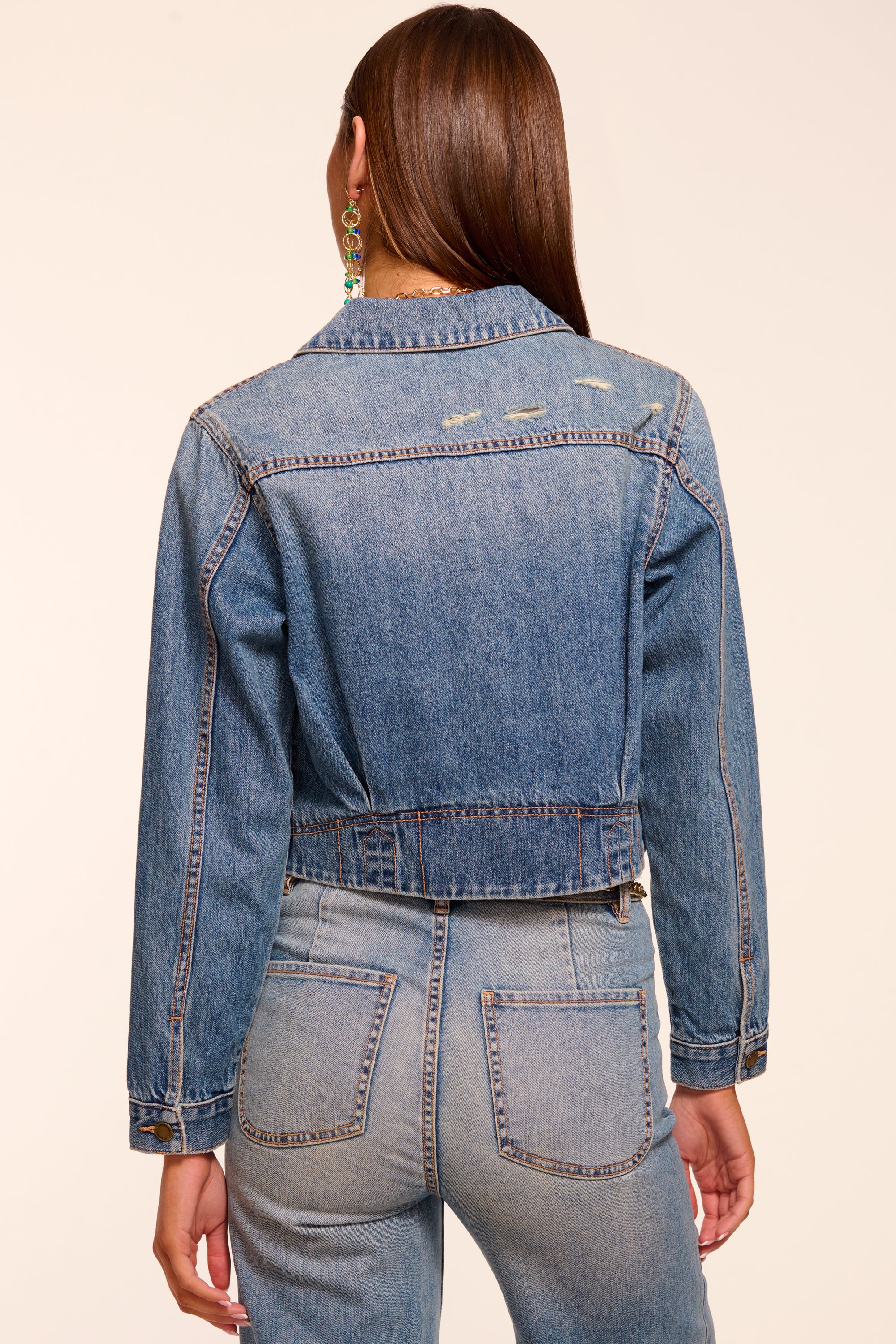 Jannah Distressed Denim Jacket in vintage wash | Ramy Brook