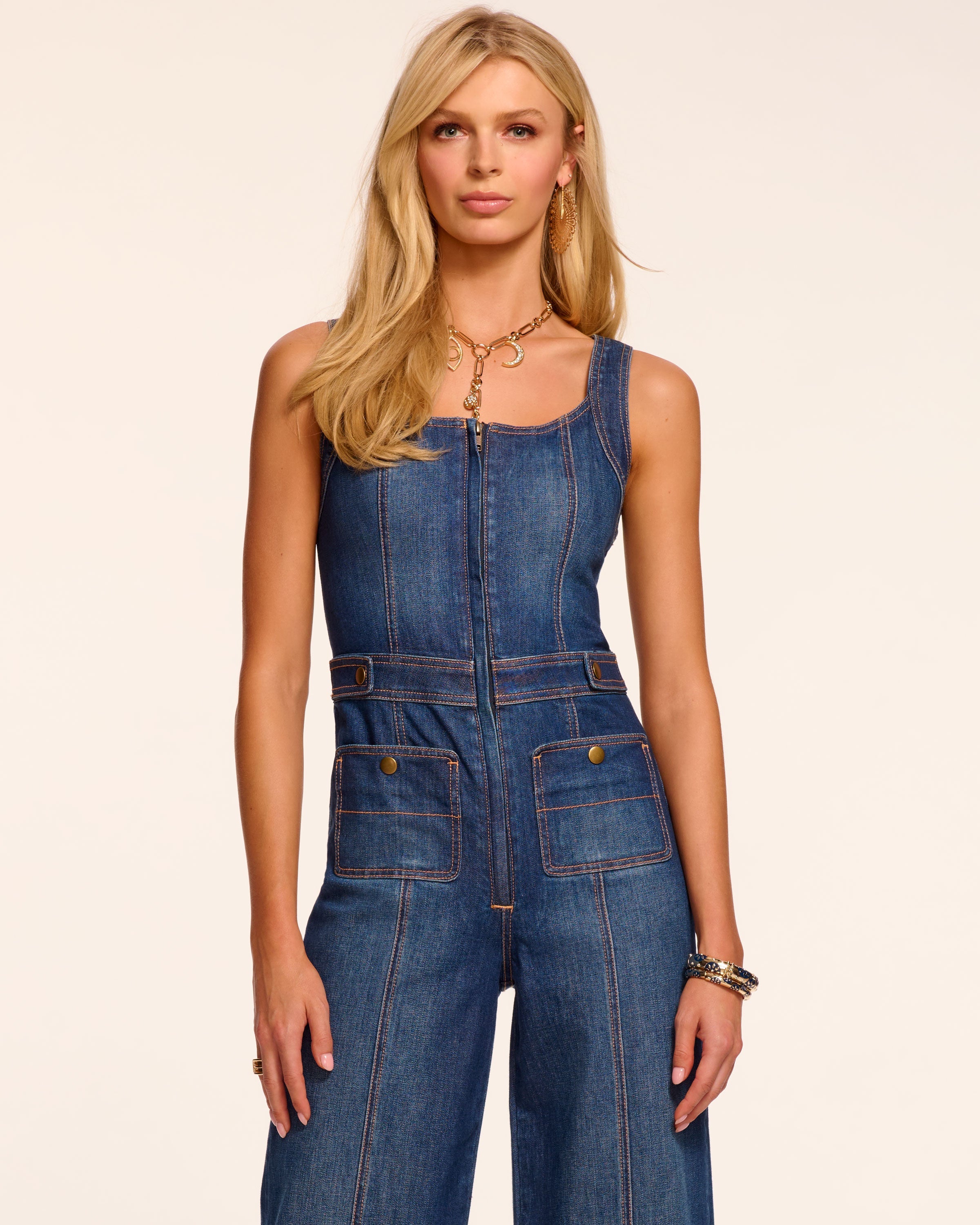 Janet Cropped Wide Leg Denim Jumpsuit in medium wash | Ramy Brook
