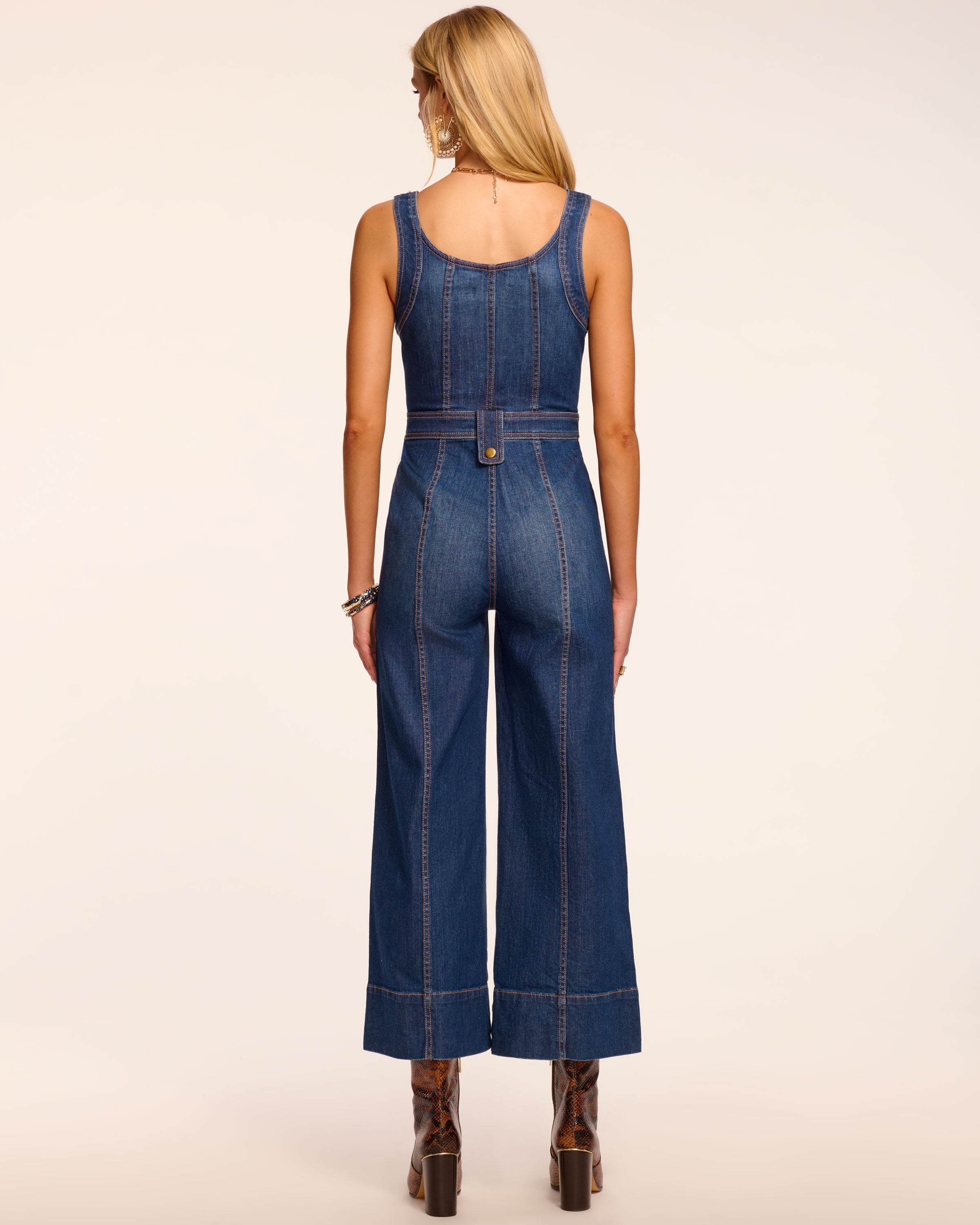 Janet Cropped Wide Leg Denim Jumpsuit in medium wash | Ramy Brook