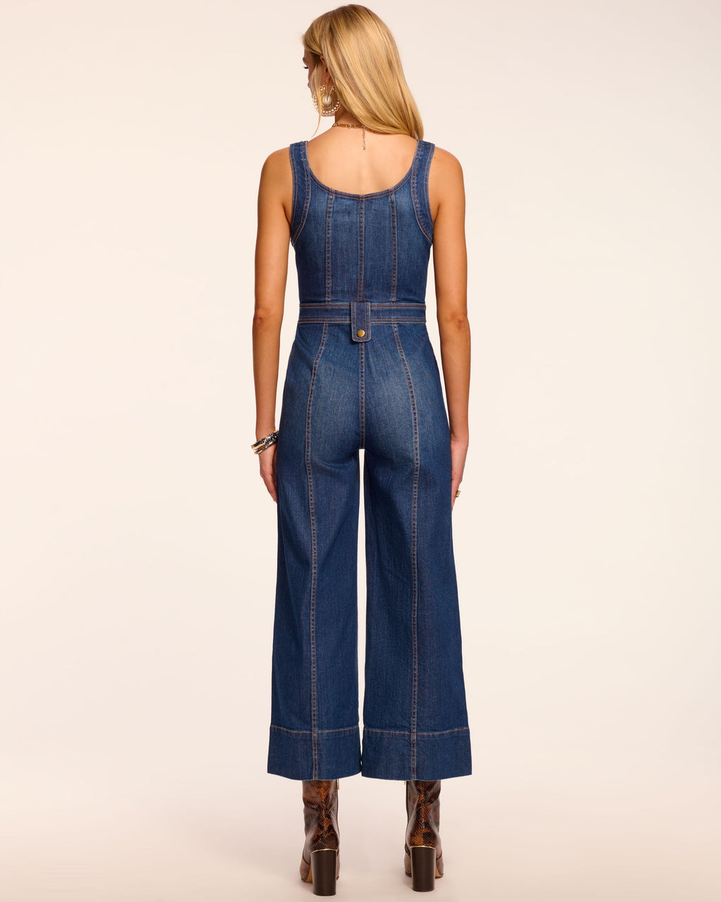 janet knit denim maxi dress Cropped Wide Leg Jumpsuit in medium wash back to work with adorable neck and Lilah Long Sleeve Ruched Color:Mustard gold
