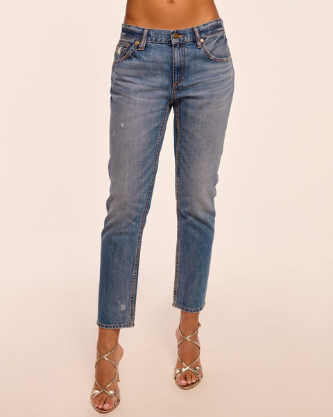 Milla Distressed Low-Rise Tapered Jean in vintage wash | Ramy Brook