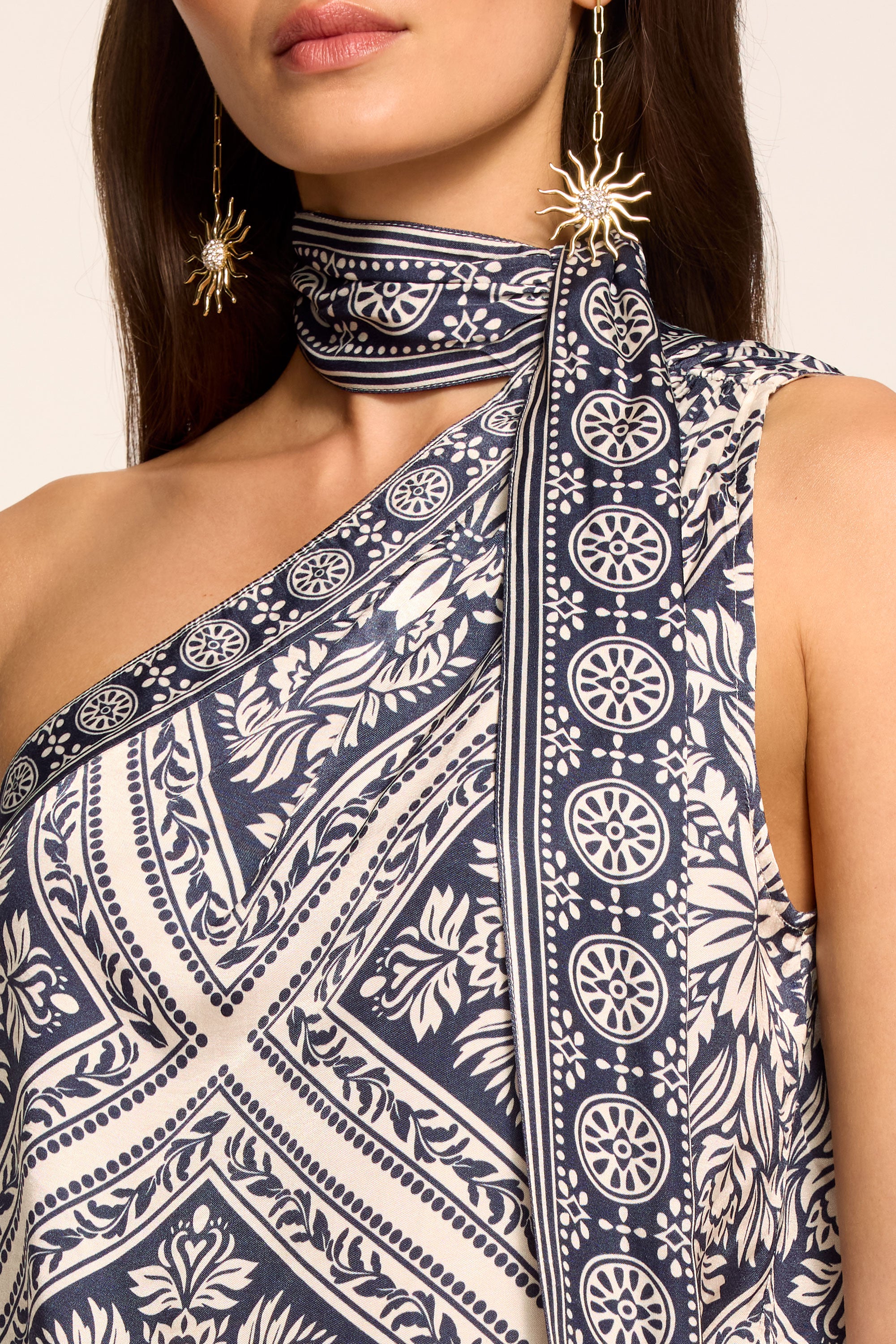 Lowell Printed One-Shoulder Top in capri navy | Ramy Brook