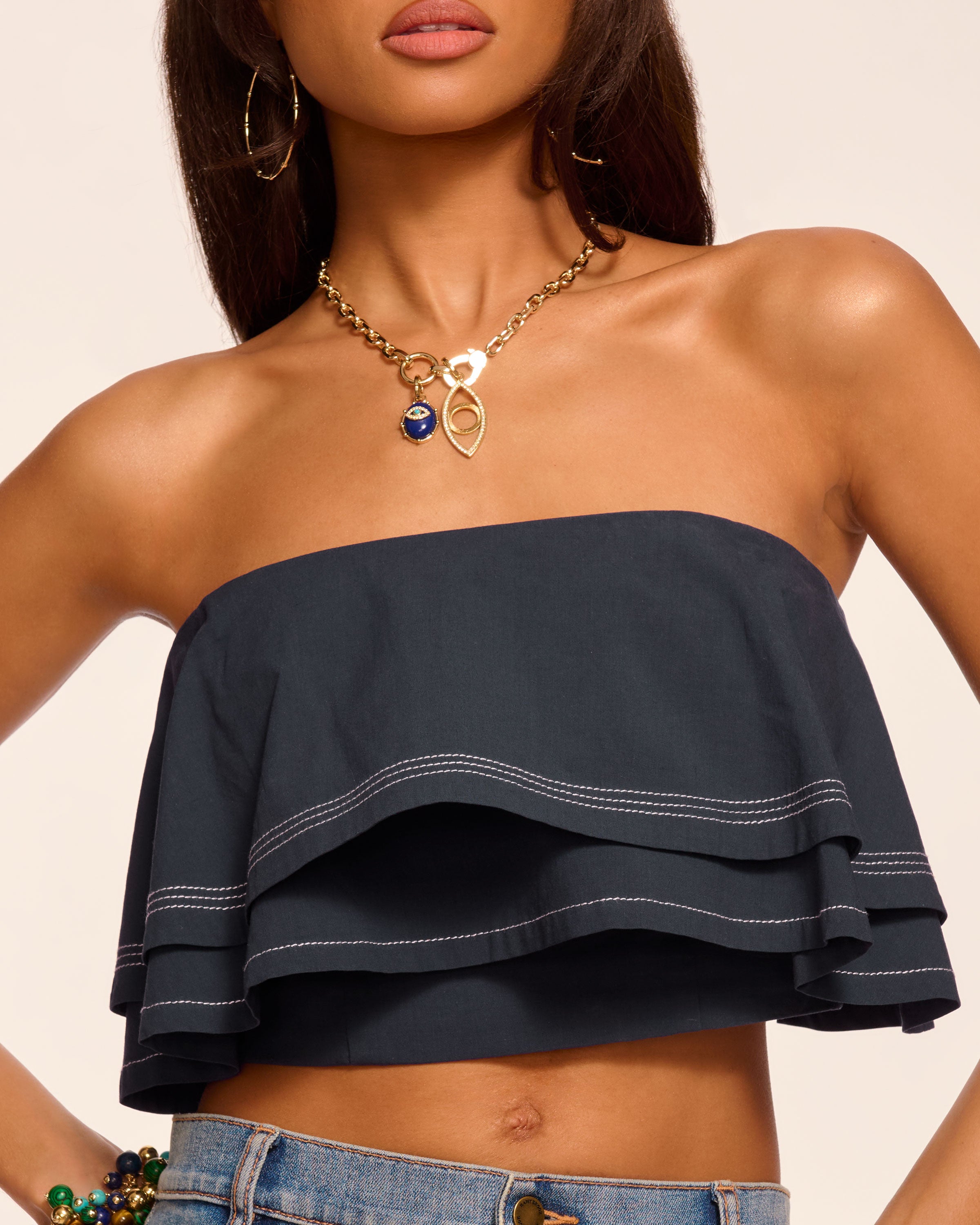 Poppy Cotton Poplin Tiered Crop Top in navy | Ramy Brook