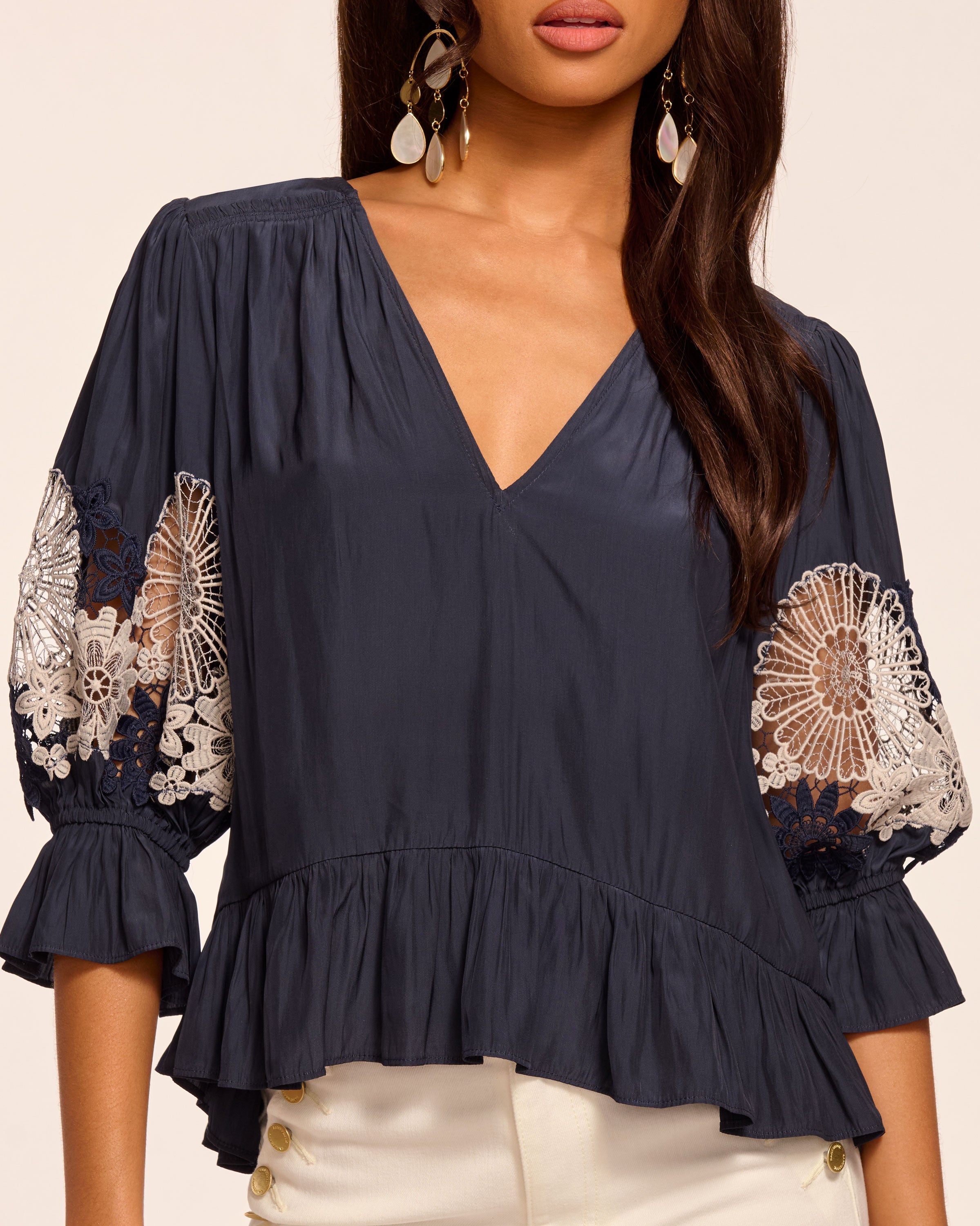 Berry Embroidered Short Sleeve Blouse in navy | Ramy Brook
