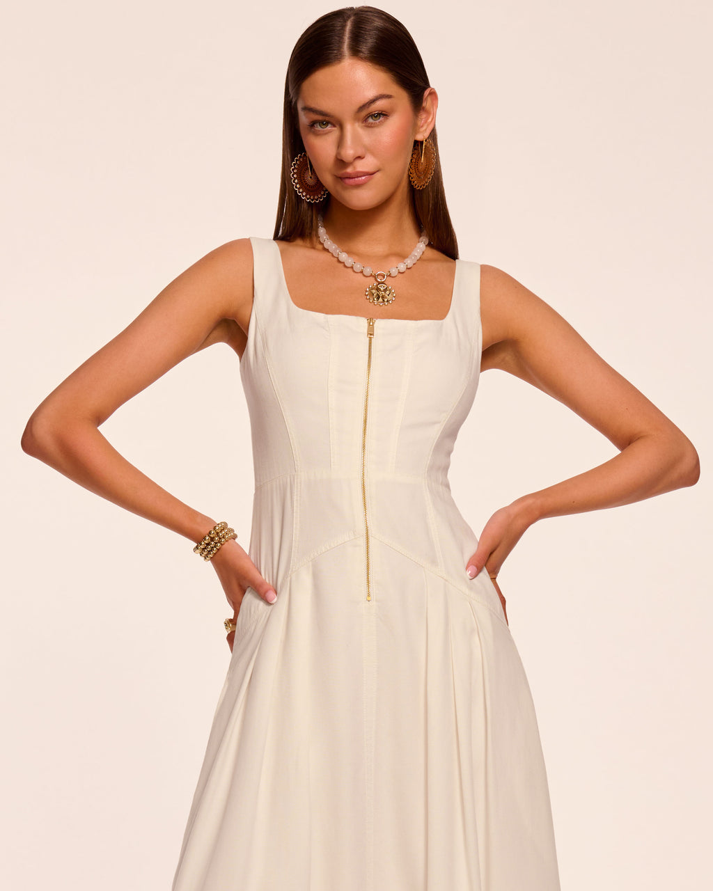 knee length dresses for ladies Moira Zip Front Midi Dress in ivory