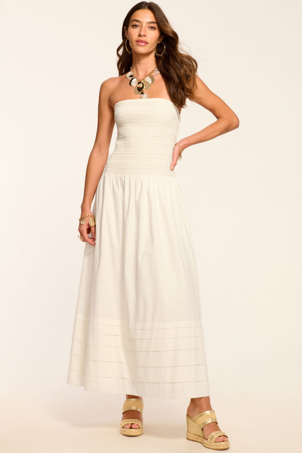 Ramy Brook Jace Cotton Poplin Smocked Maxi Dress in White