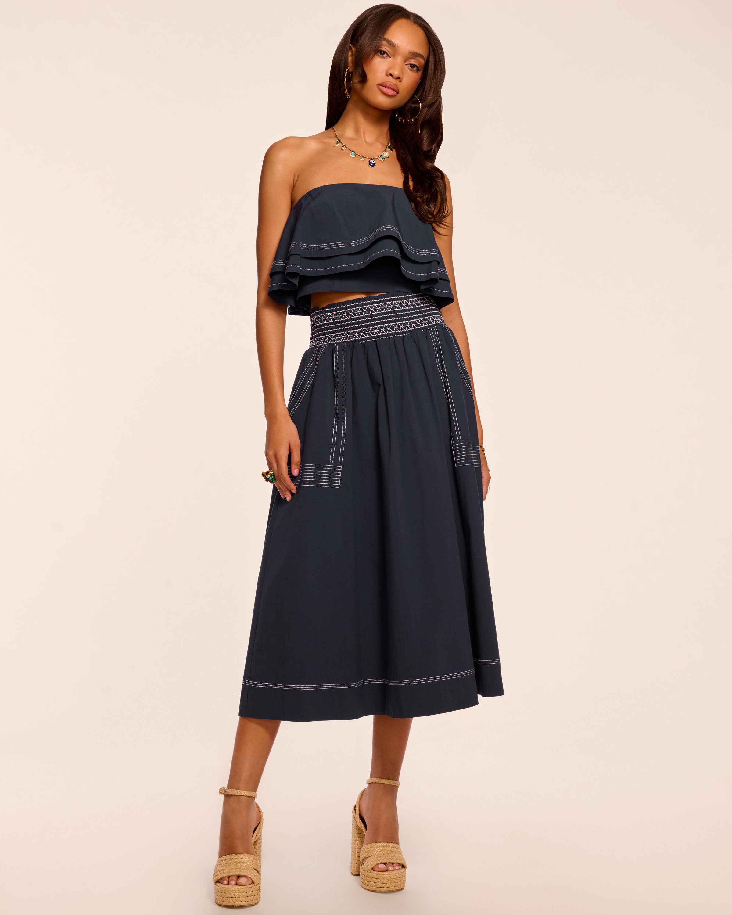 Galia Cotton Poplin Smocked Maxi Skirt in navy | Ramy Brook
