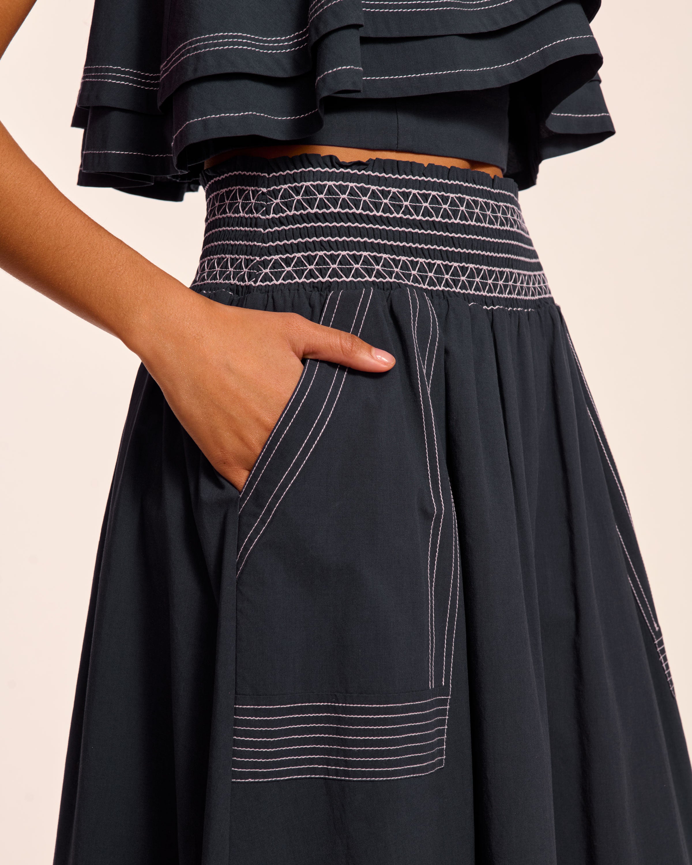 Galia Cotton Poplin Smocked Maxi Skirt in navy | Ramy Brook