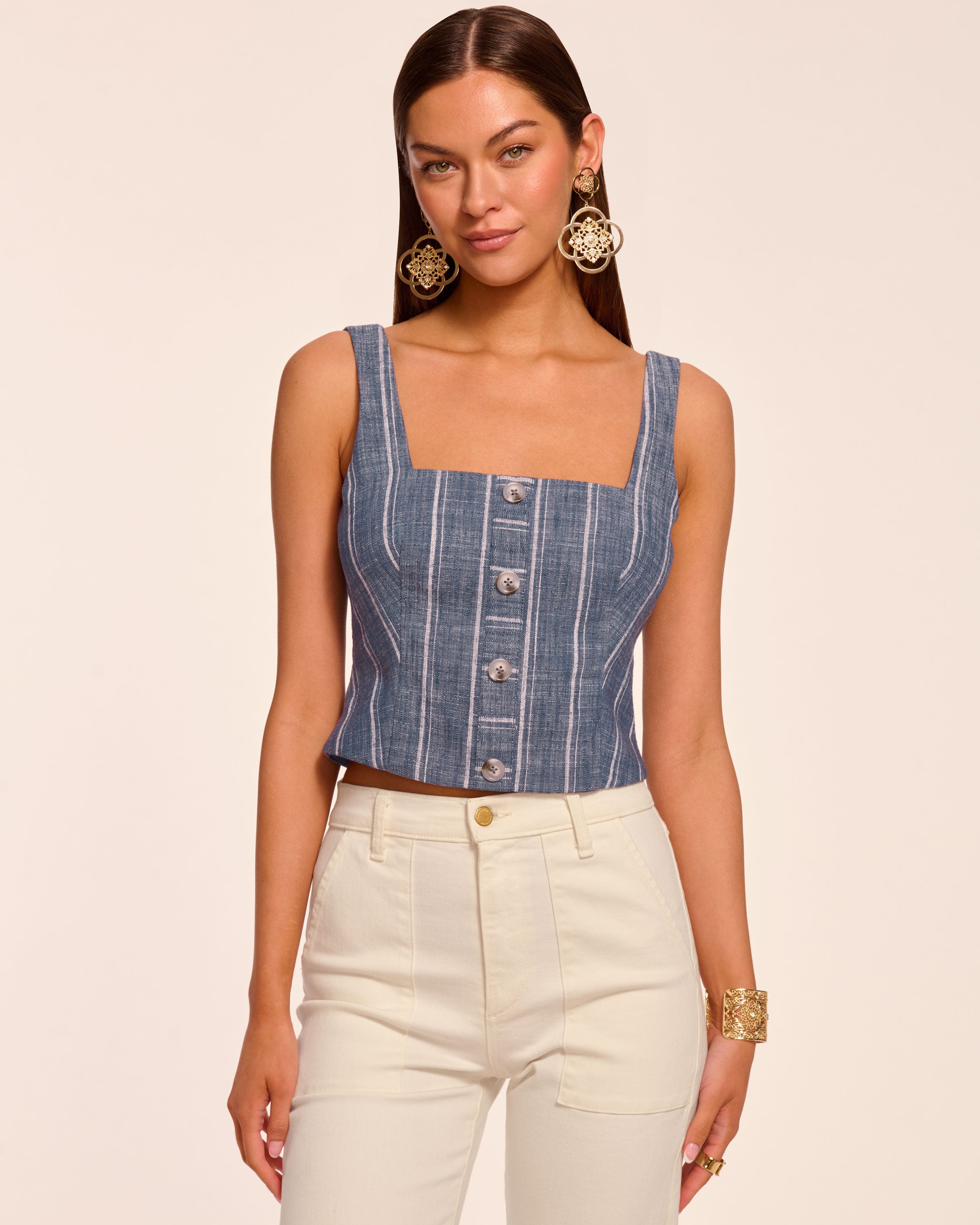 Olive Button Front Sleeveless Top in indigo stripe | Ramy Brook