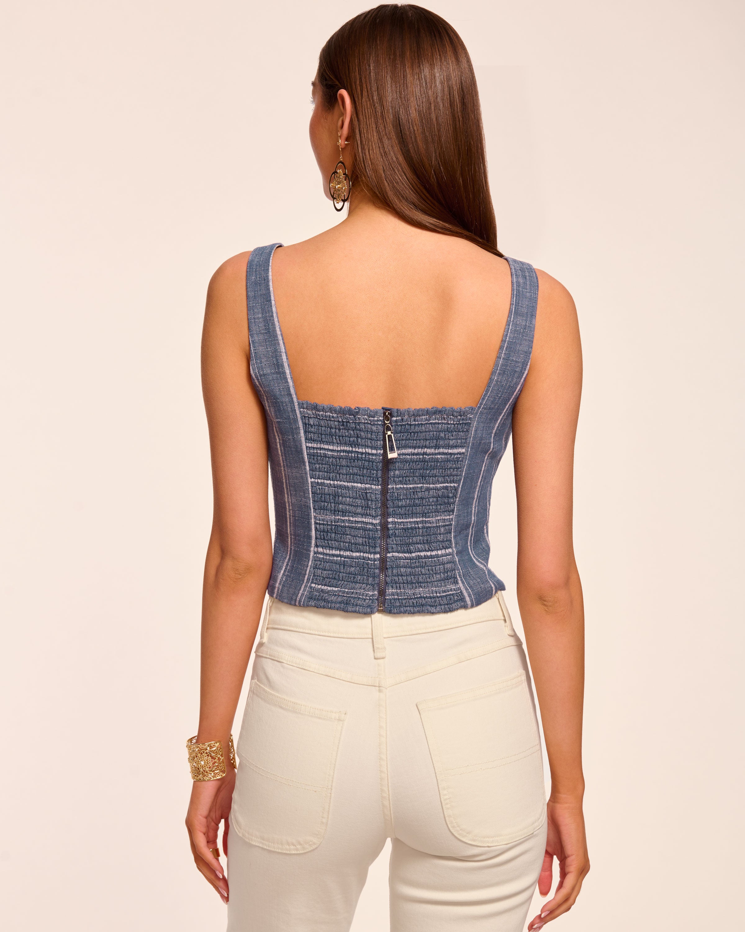 Olive Button Front Sleeveless Top in indigo stripe | Ramy Brook