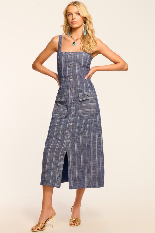 cooperative emilia a line button down midi dress Noemi in indigo stripe Linen button