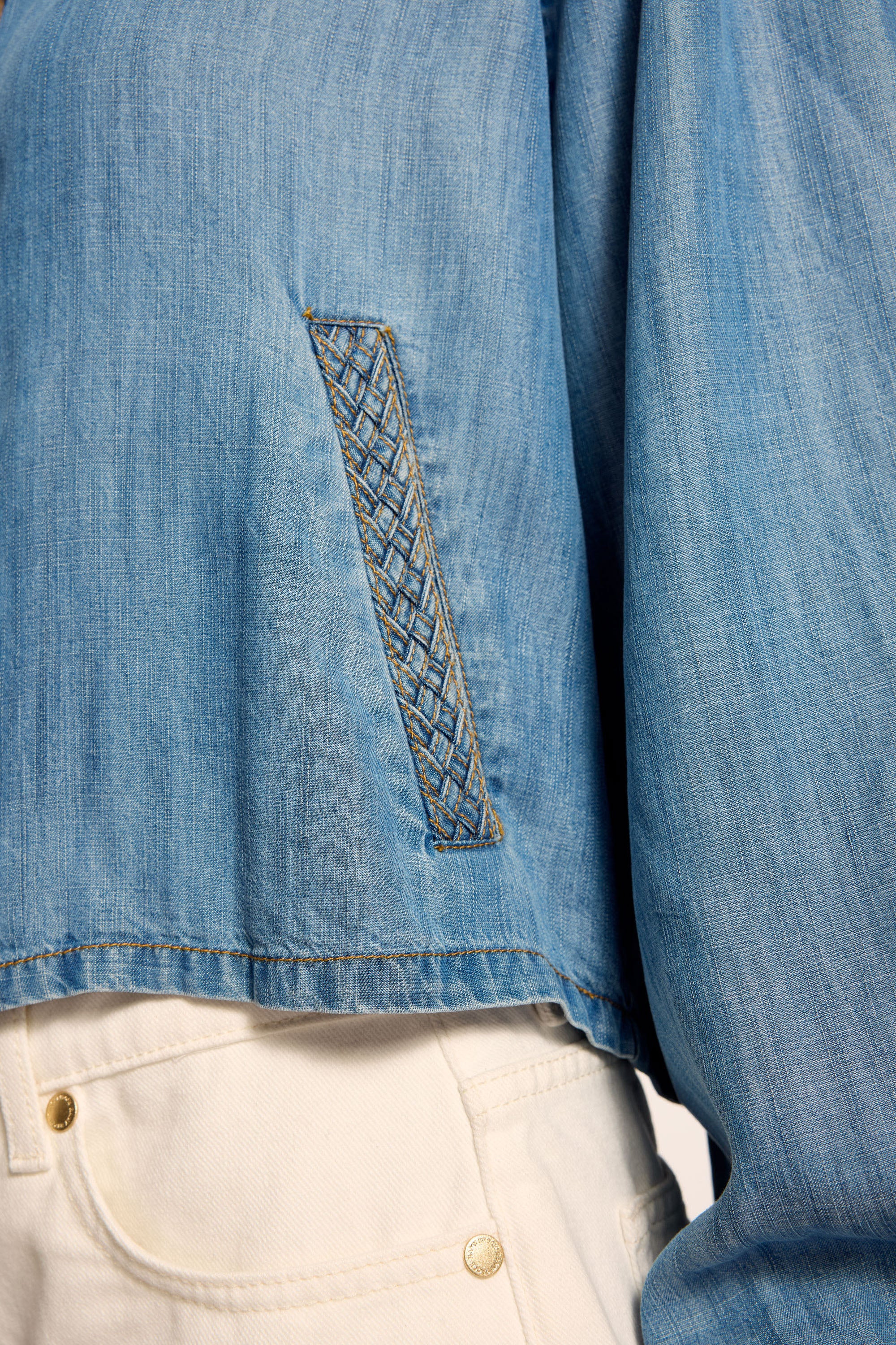 Aisla Chambray Cropped Jacket in light chambray | Ramy Brook