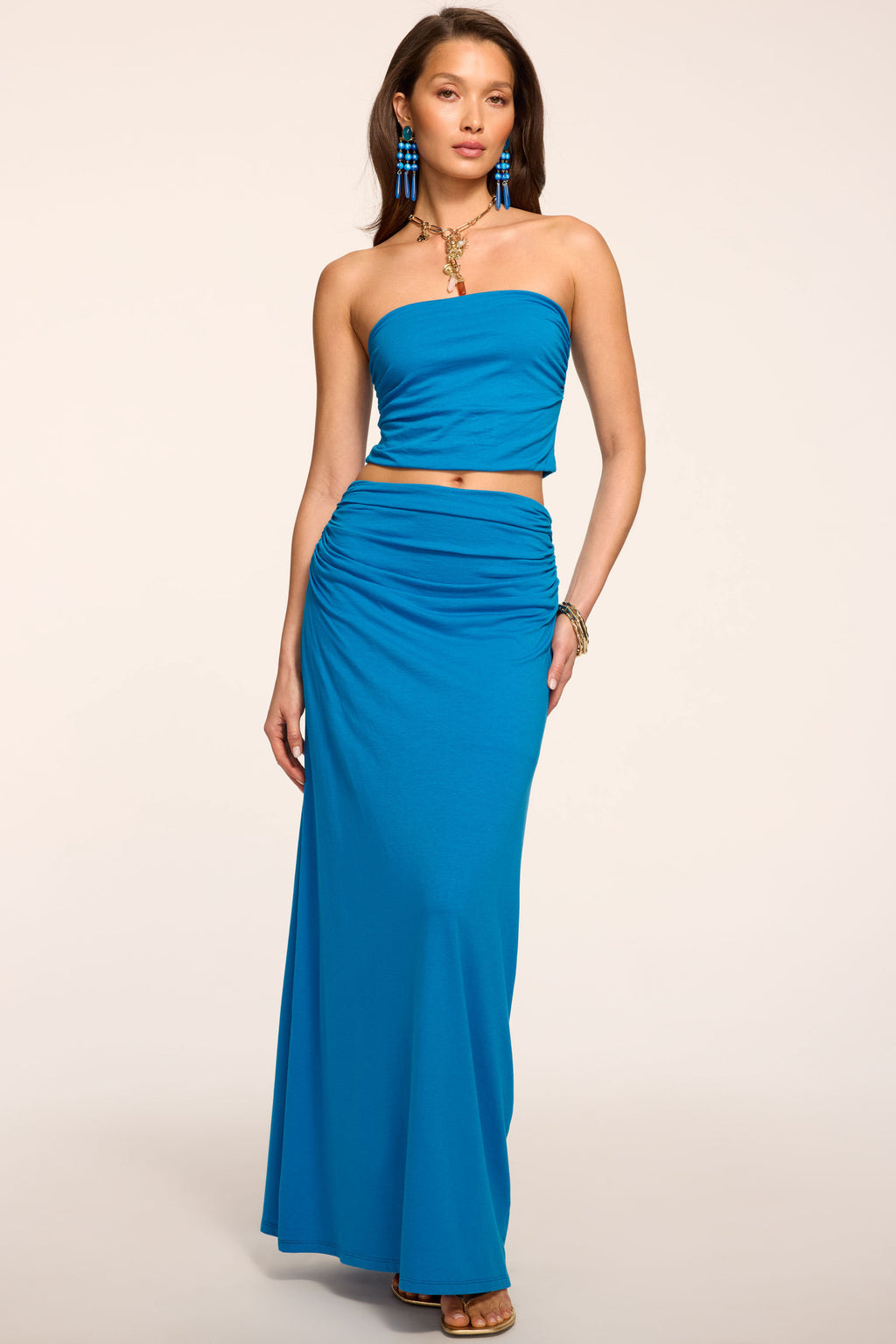 Brooklyn Ruched Jersey Maxi Skirt in aegean blue | Ramy Brook Brooklyn Ruched Jersey Maxi Skirt in aegean blue | Ramy Brook