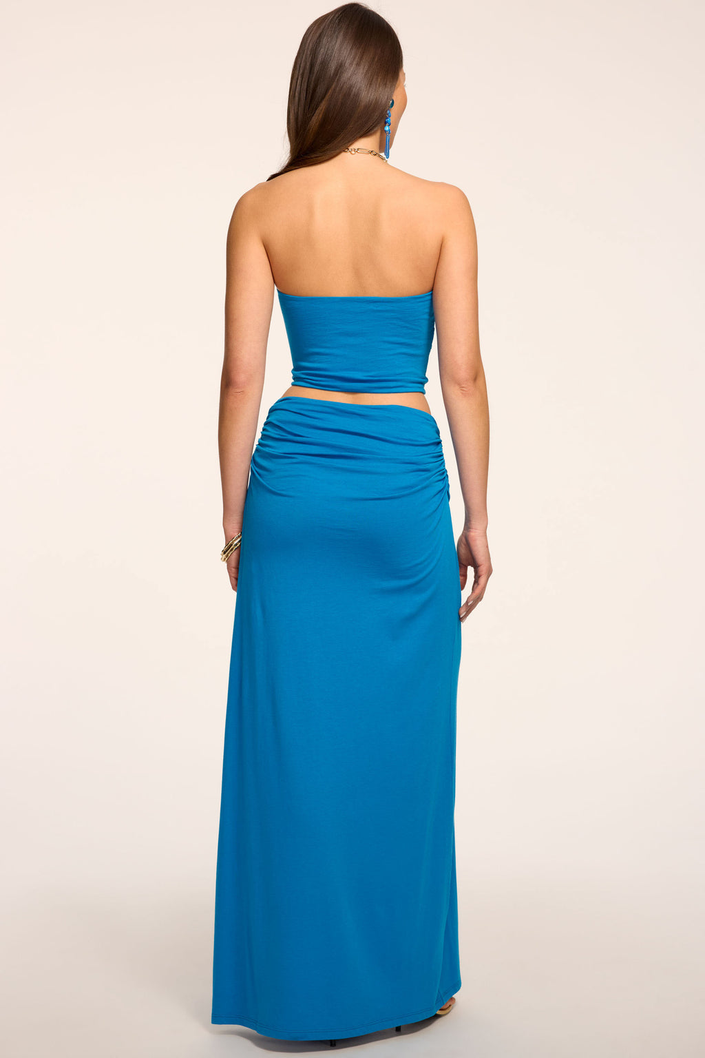Brooklyn Ruched Jersey Maxi Skirt in aegean blue