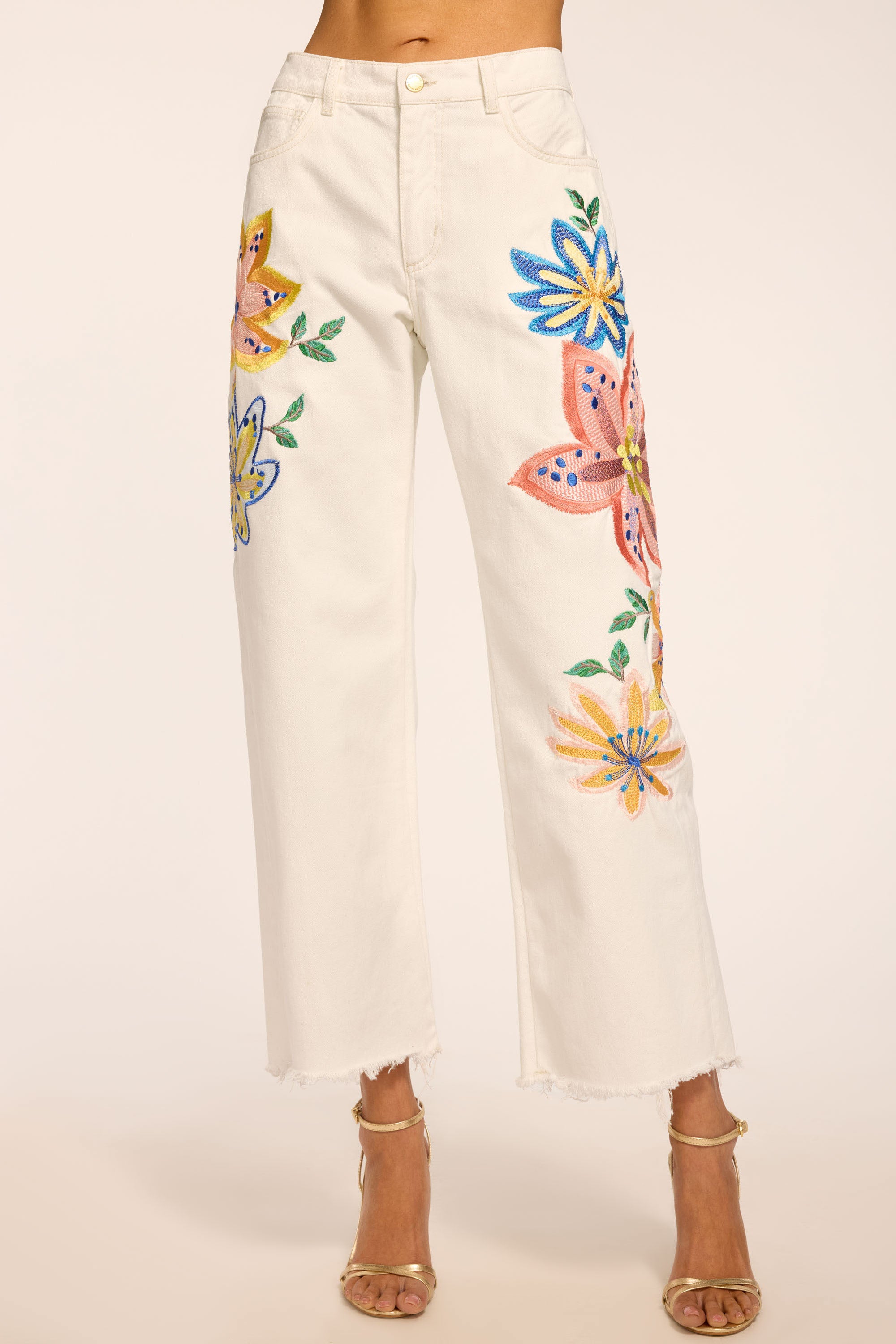 Amber Floral Embroidered Straight Leg Jean in white embroidered