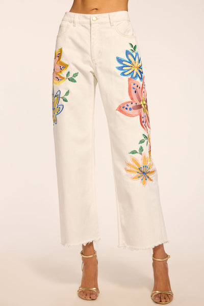 Amber Floral Embroidered Straight Leg Jean in white embroidered