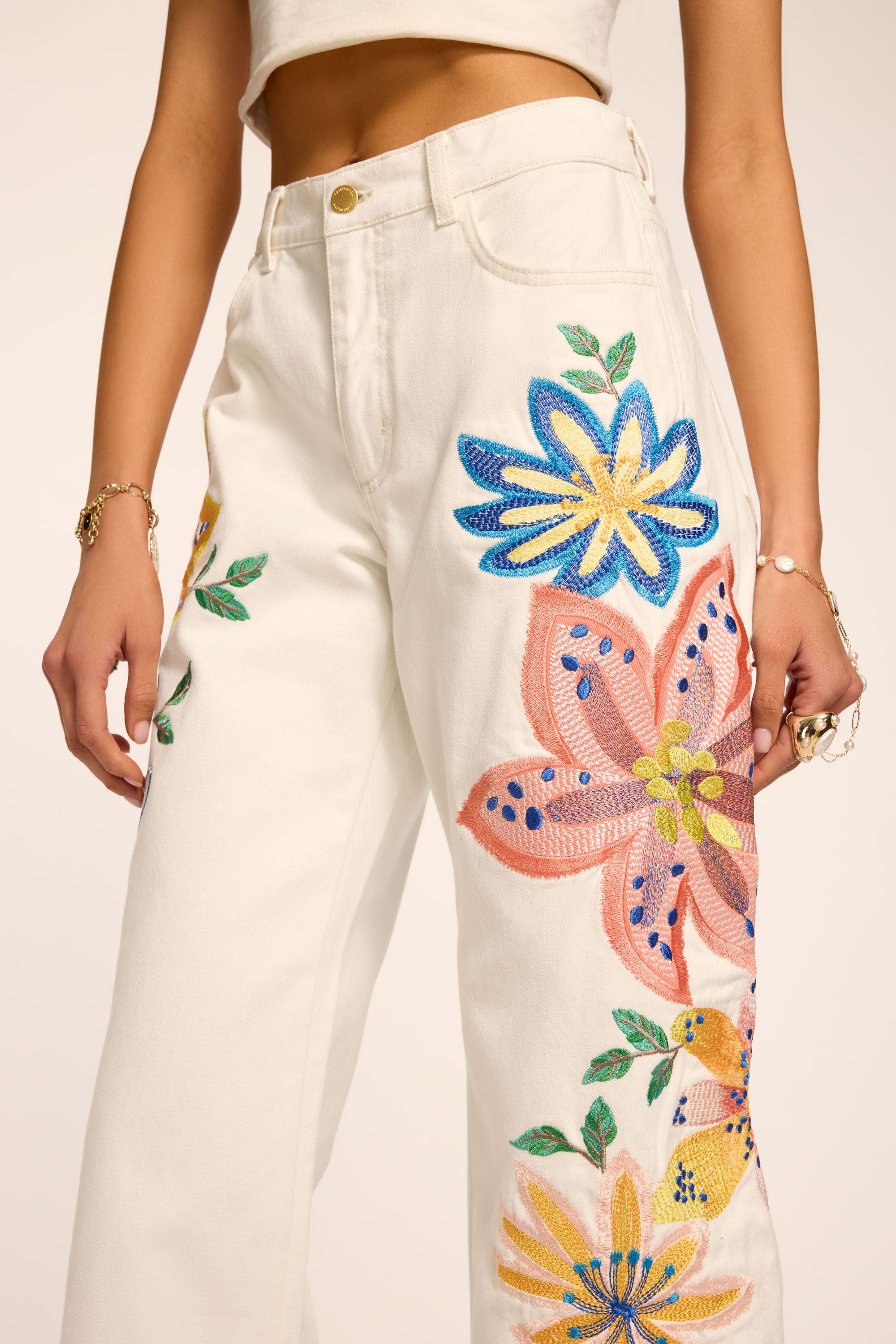 Amber Floral Embroidered Straight Leg Jean in white embroidered