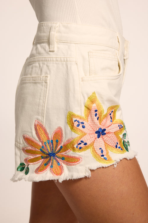 Bria Floral Embroidered Denim Short view 3