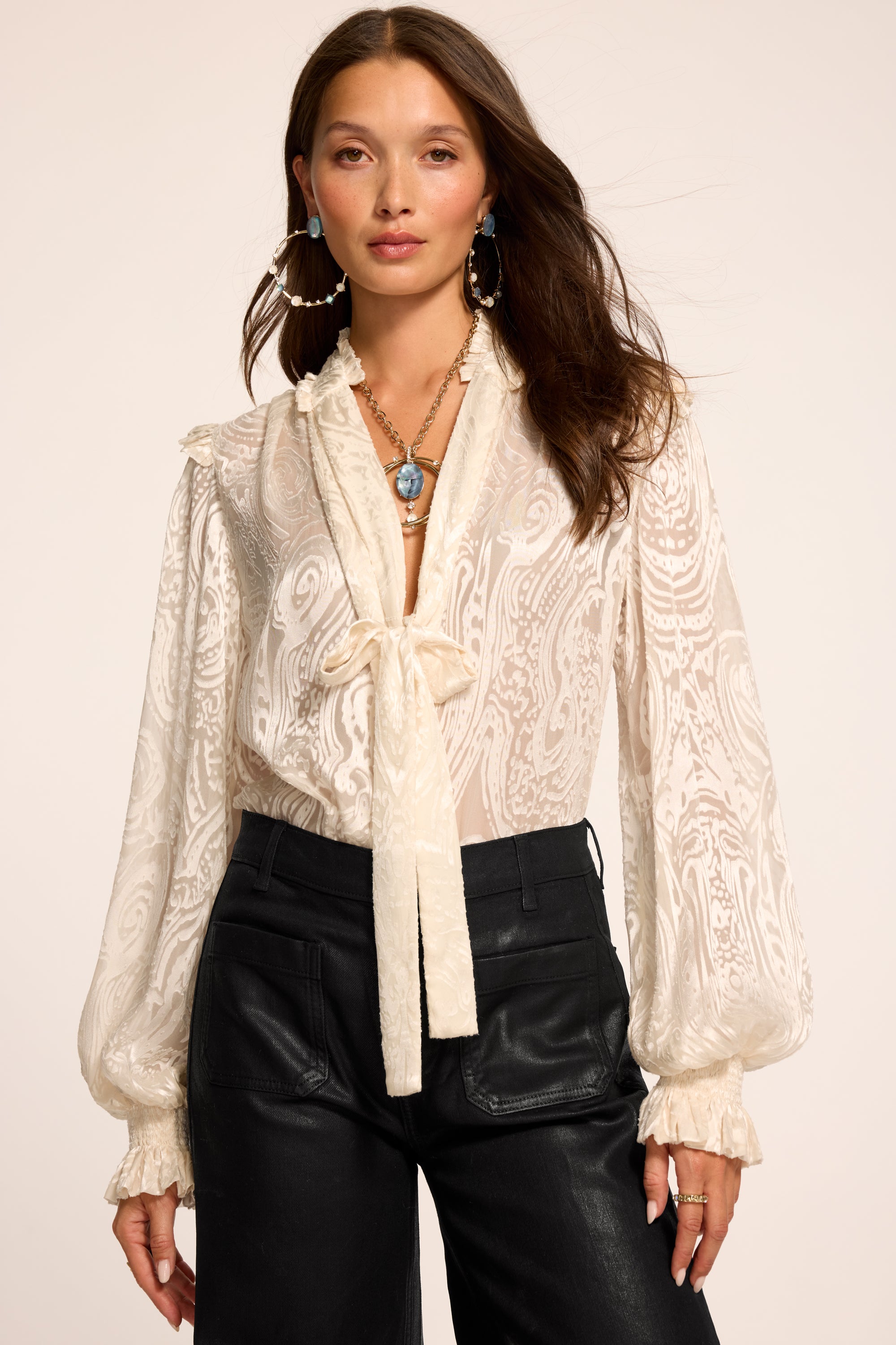 Mara Printed Tie Neck Top in white paisley | Ramy Brook