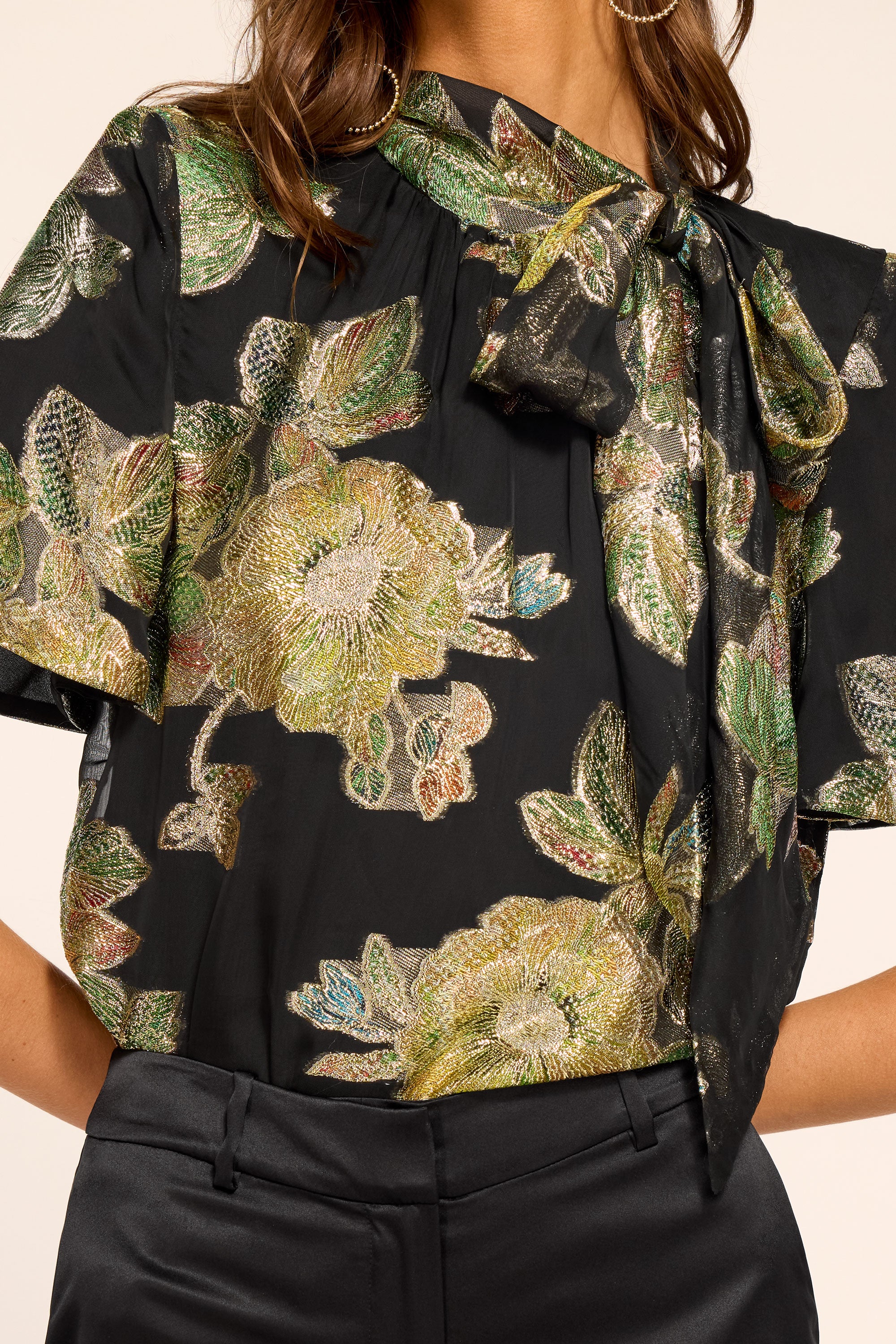 Balinda Printed Tie Neck Short Sleeve Blouse in metallic floral
