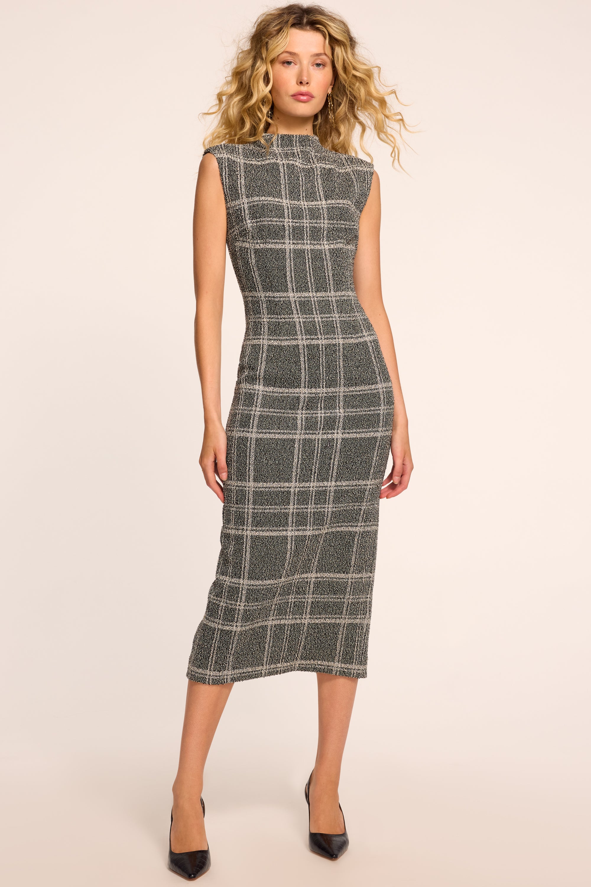 ワンピース RANDY Asymmetry buckle tweed dress Georgia Lurex Tweed Midi Dress in metallic plaid | Ramy Brook