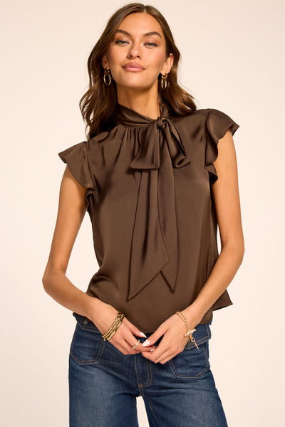 Balinda Tie Neck Short Sleeve Blouse in heritage brown | Ramy Brook