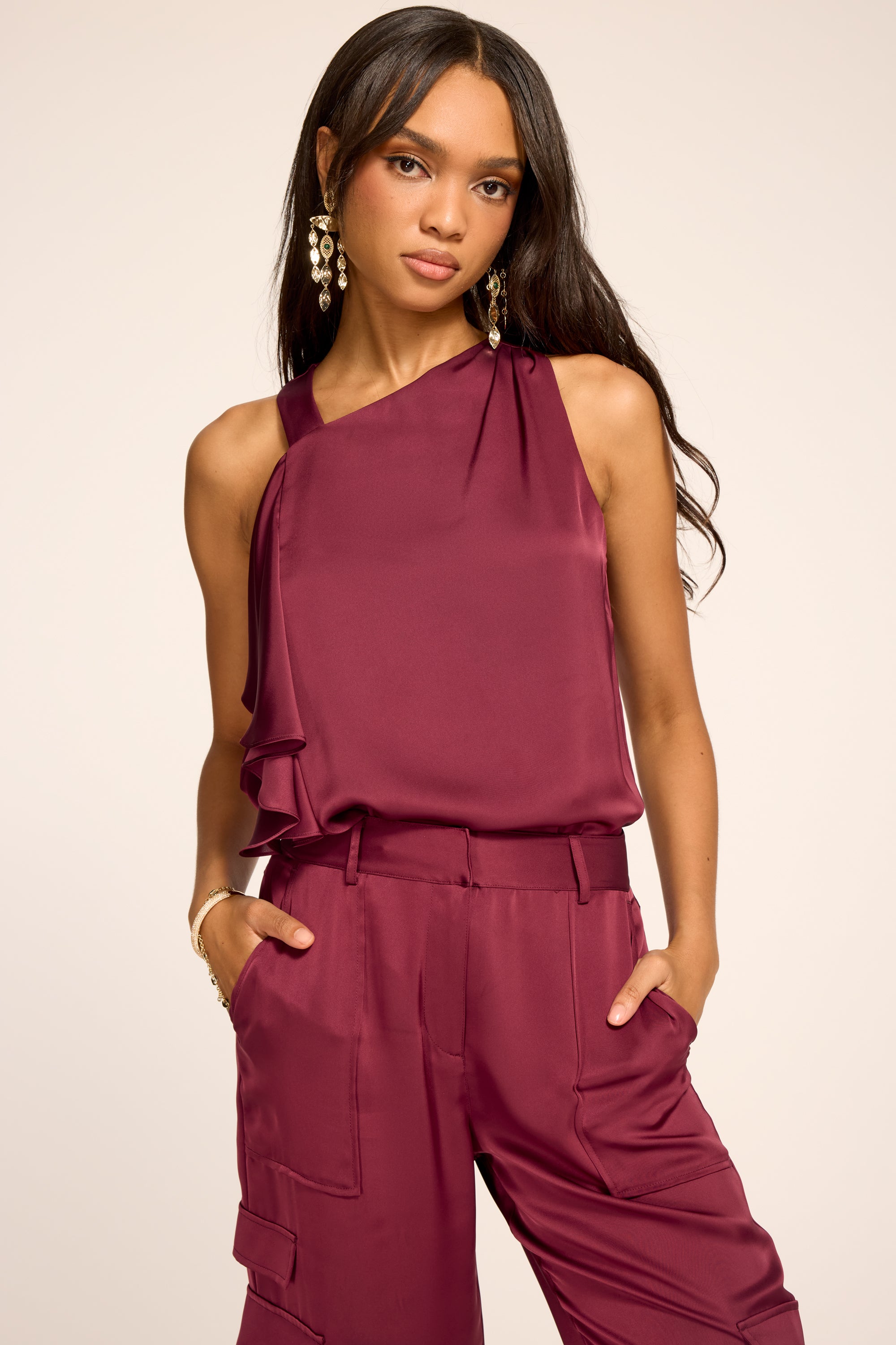 Danielle Asymmetric Ruffle Top in cranberry | Ramy Brook