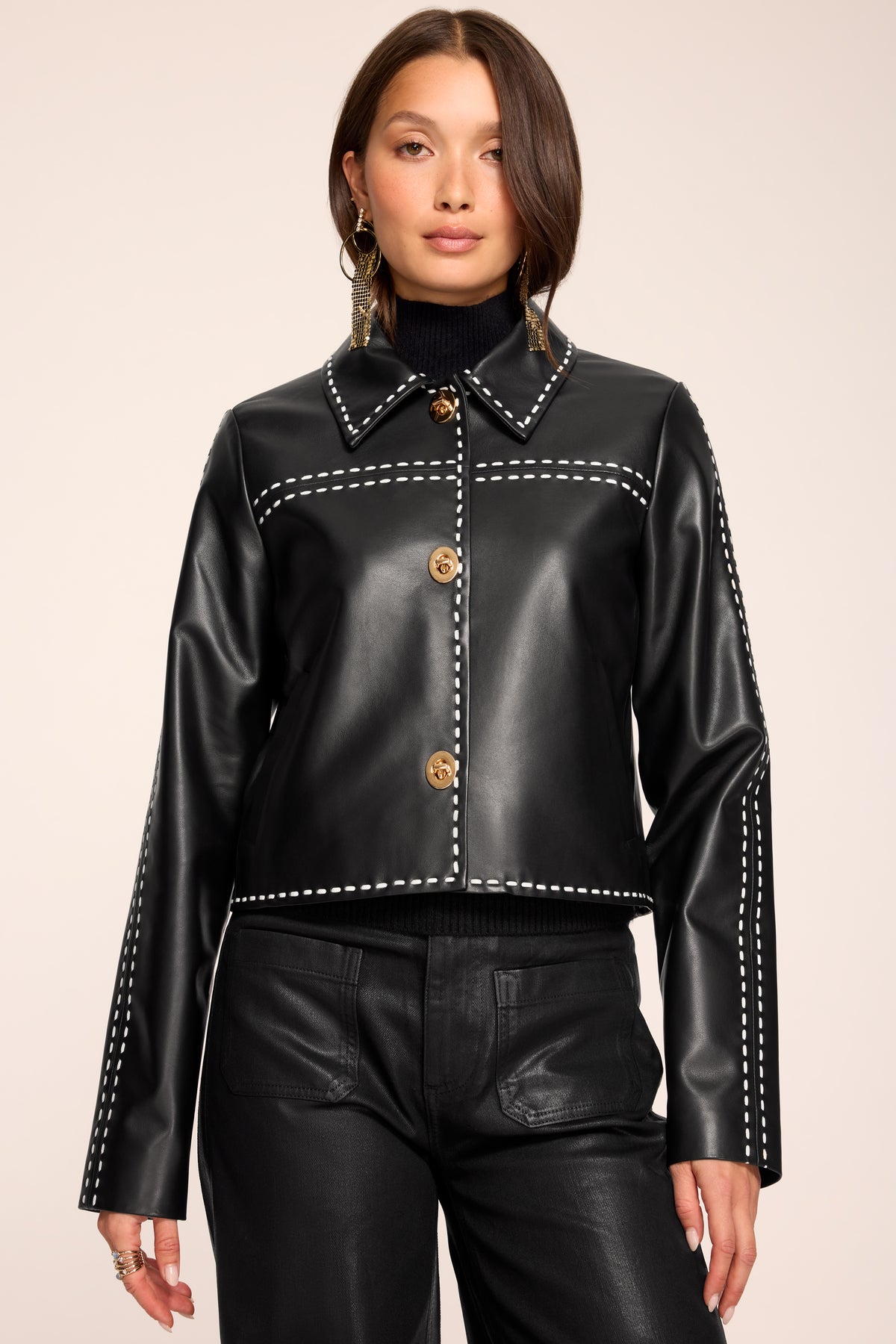 Mira Contrast Stitch Leather Jacket view 1