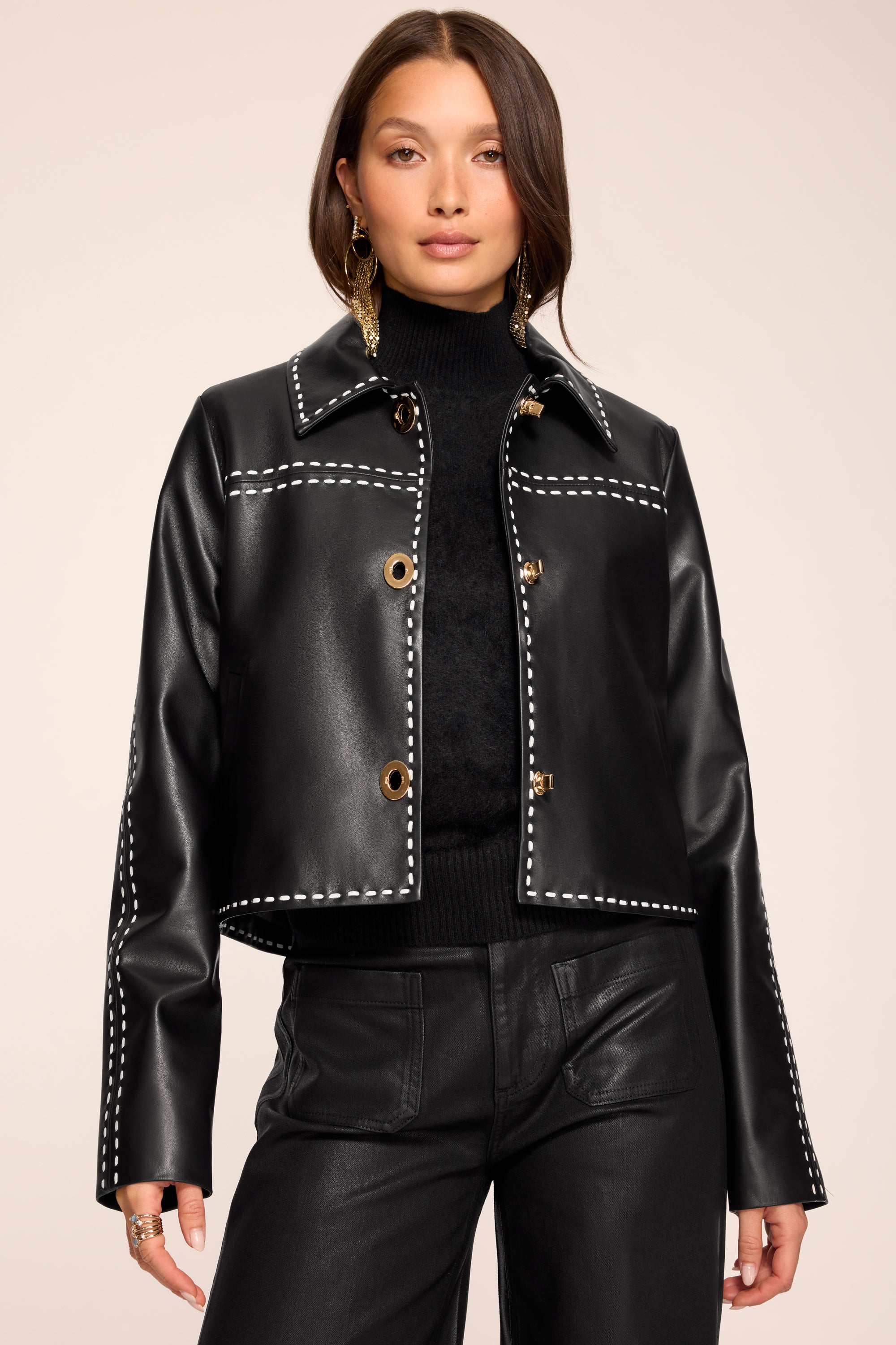 Mira Contrast Stitch Leather Jacket in black | Ramy Brook